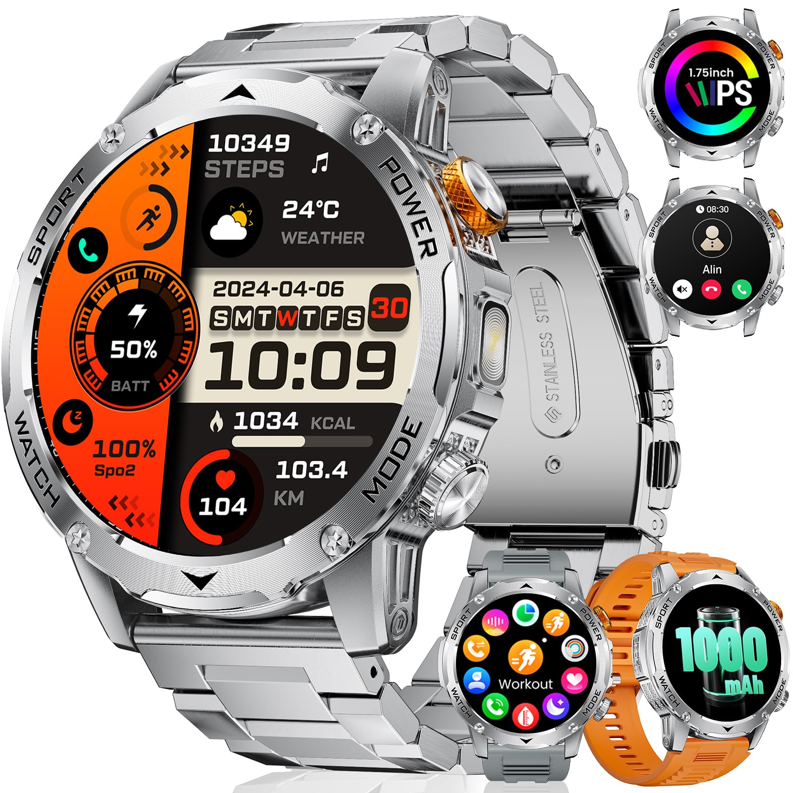 LIGE Reloj Inteligente Hombre 1000mAh/Linterna LED, 1.75" HD, Plata