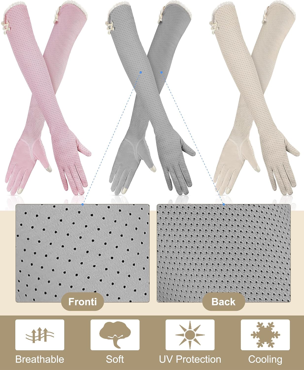 3 Pairs Women UV Sun Protection Driving Gloves UV Long Sun Protective Touchscreen Gloves for Outdoor Sports Summer