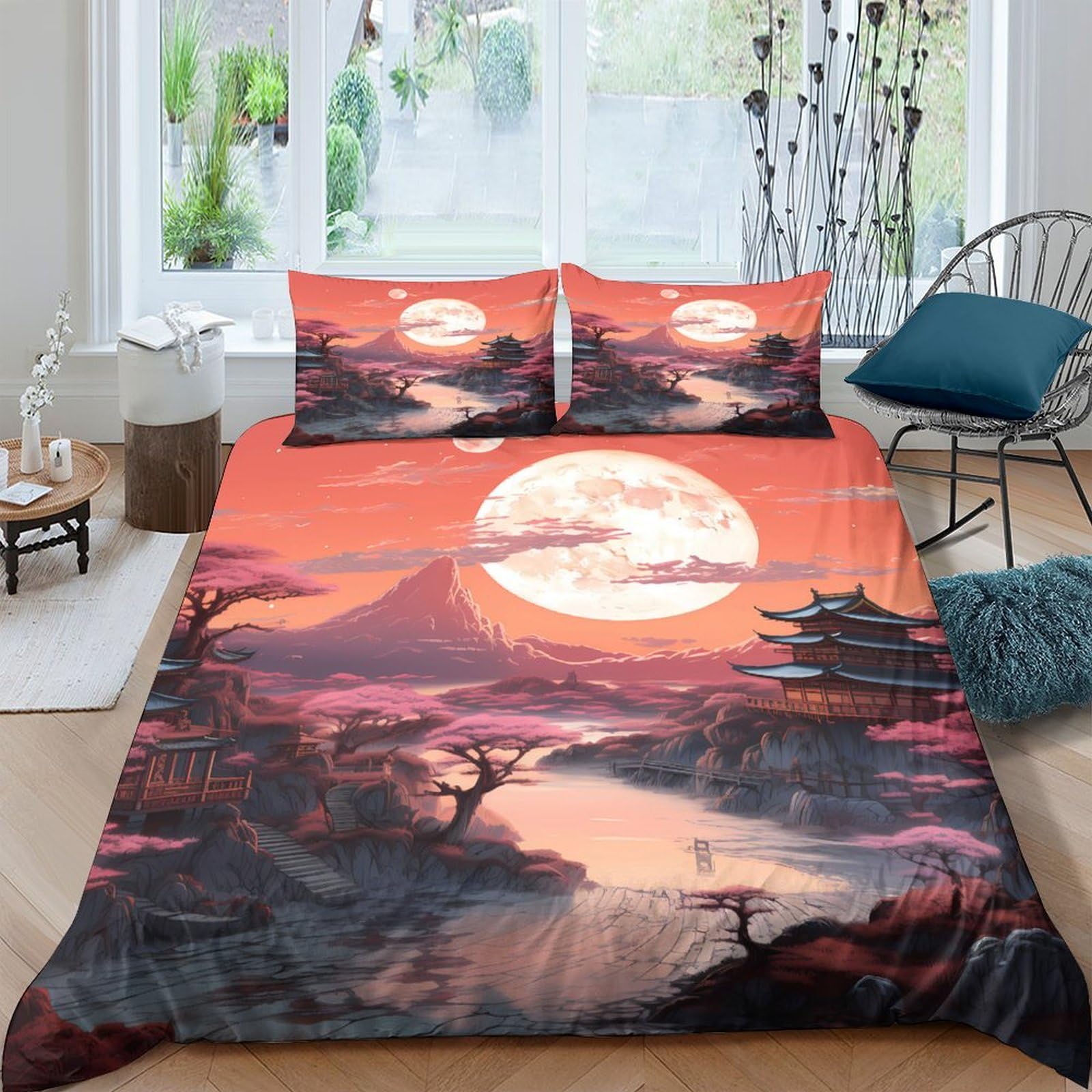 Ctjqhvkz Style-9 3D Printed Sunset Mountain Fitted Sheet Microfiber Soft Breathable Japanese Landscape Bed Cover For Bedroom Guest Room Single（135X200cm）