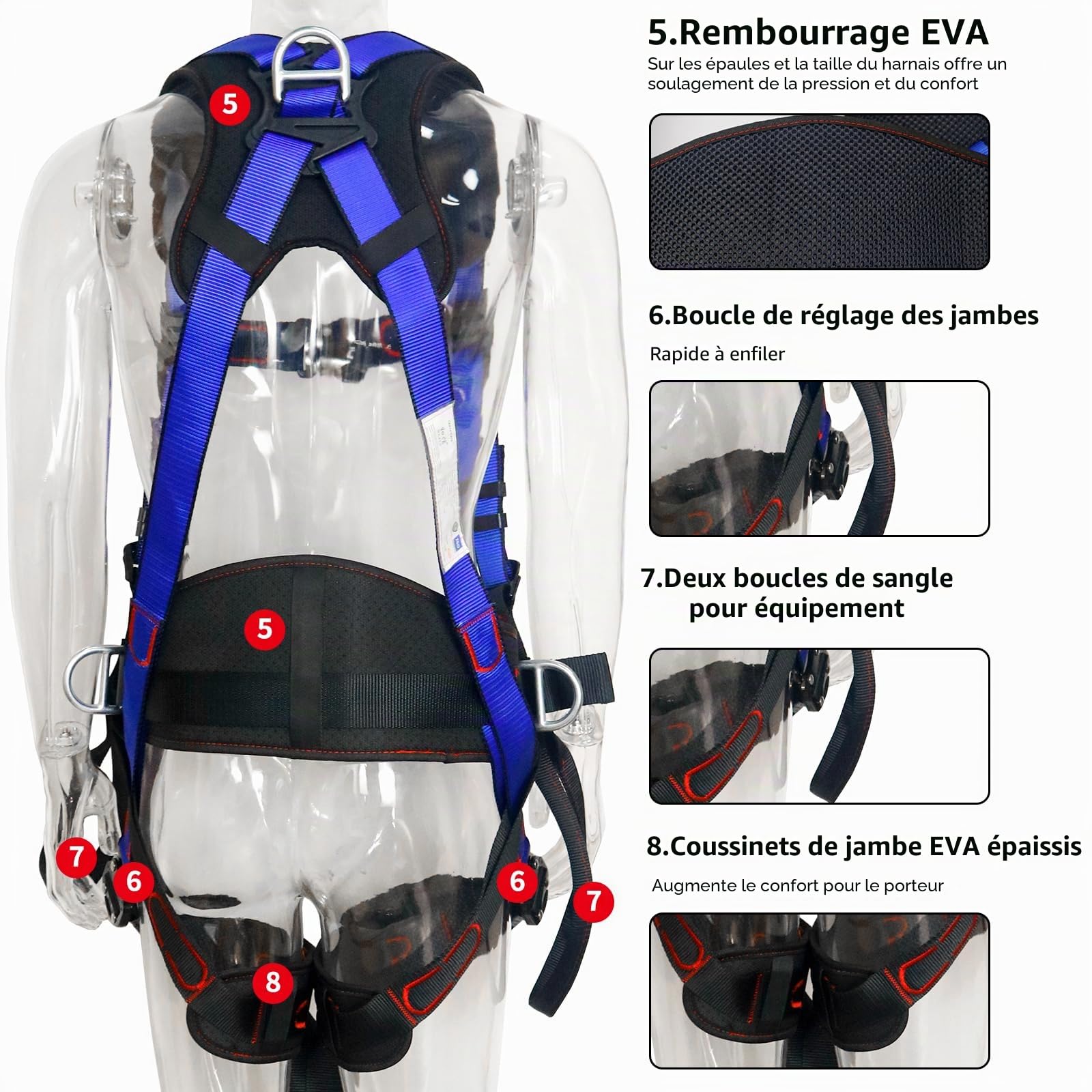 NewDoar Harnais de Sécurité Antichute Professionnel, Conforme aux normes ANSI/OSHA Réglable à 5 Points pour Toiture Escalade Arboriste Respirant Léger Longe de Sécurité à Double Crochet en Alliage