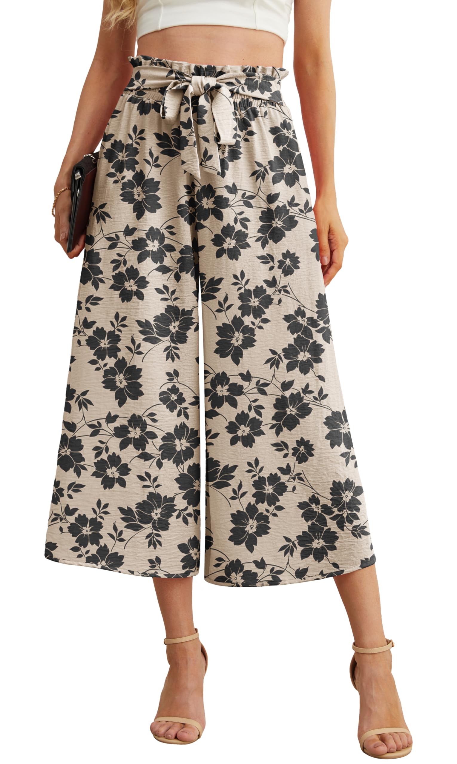 IWOLLENCE Women Flowy Loose Wide Leg Pant Summer Beach Casual Trousers high Waist Adjustable Knot Business Work Casual Pants