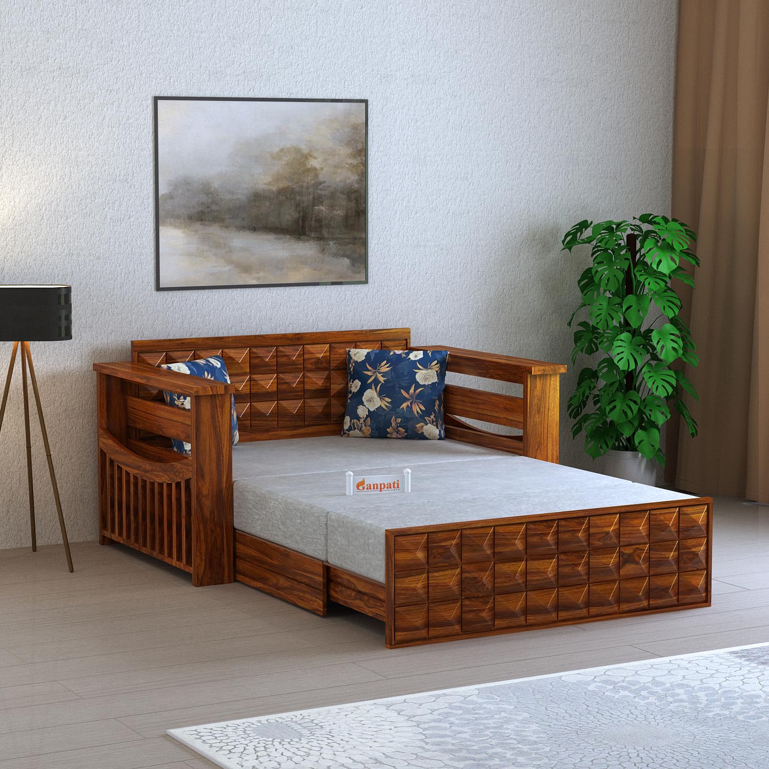 Ganpati Arts Sheesham Wood Oslo 2 Seater Diamond Sofa Cum Bed With Storage And Side Pockets For Living Room Wooden Sofa Cum Bed Home Furniture 1 Year Warranty(Natural Finish), 2-Person Sofa, Brown