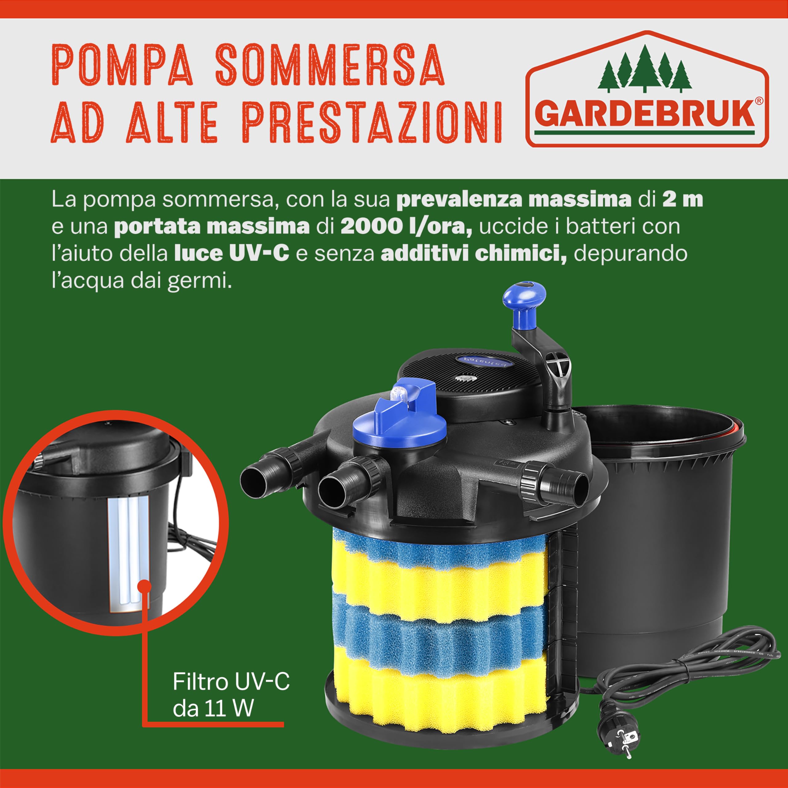 Gardebruk Filtro a Pressione per Laghetto con UVC 16L 6000 L/H 11 Watt Set Completo Pompa Potente