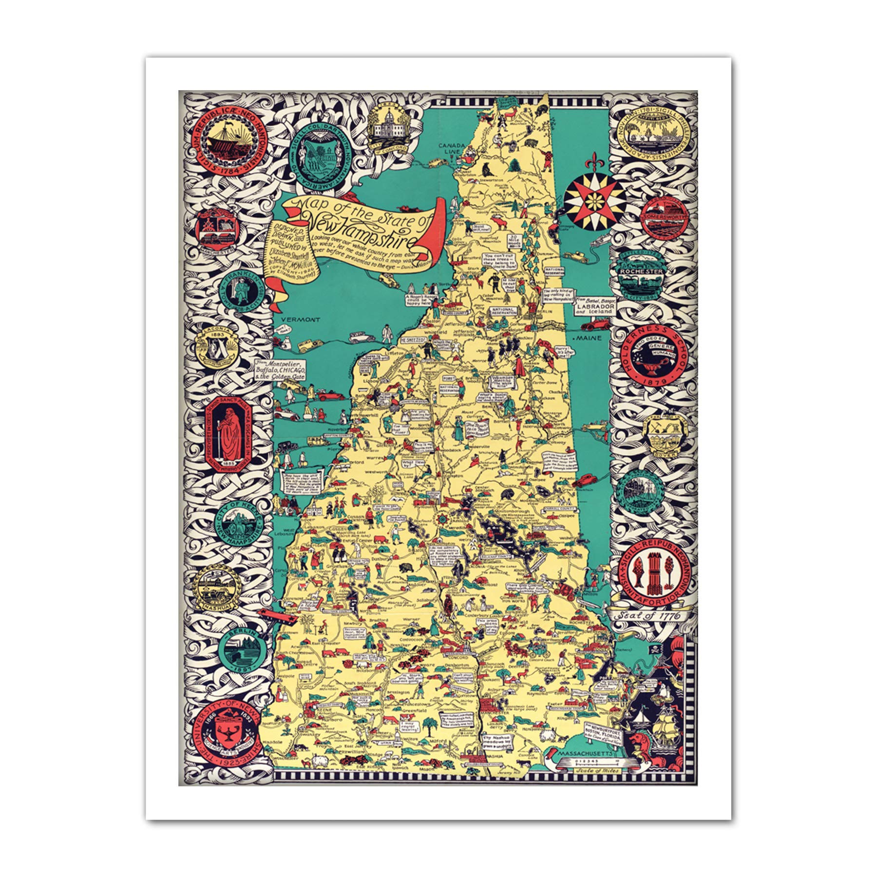 Shurtleff 1926 Pictorial Map New Hampshire State Artwork Framed Wall Art Print 18X24 Inch