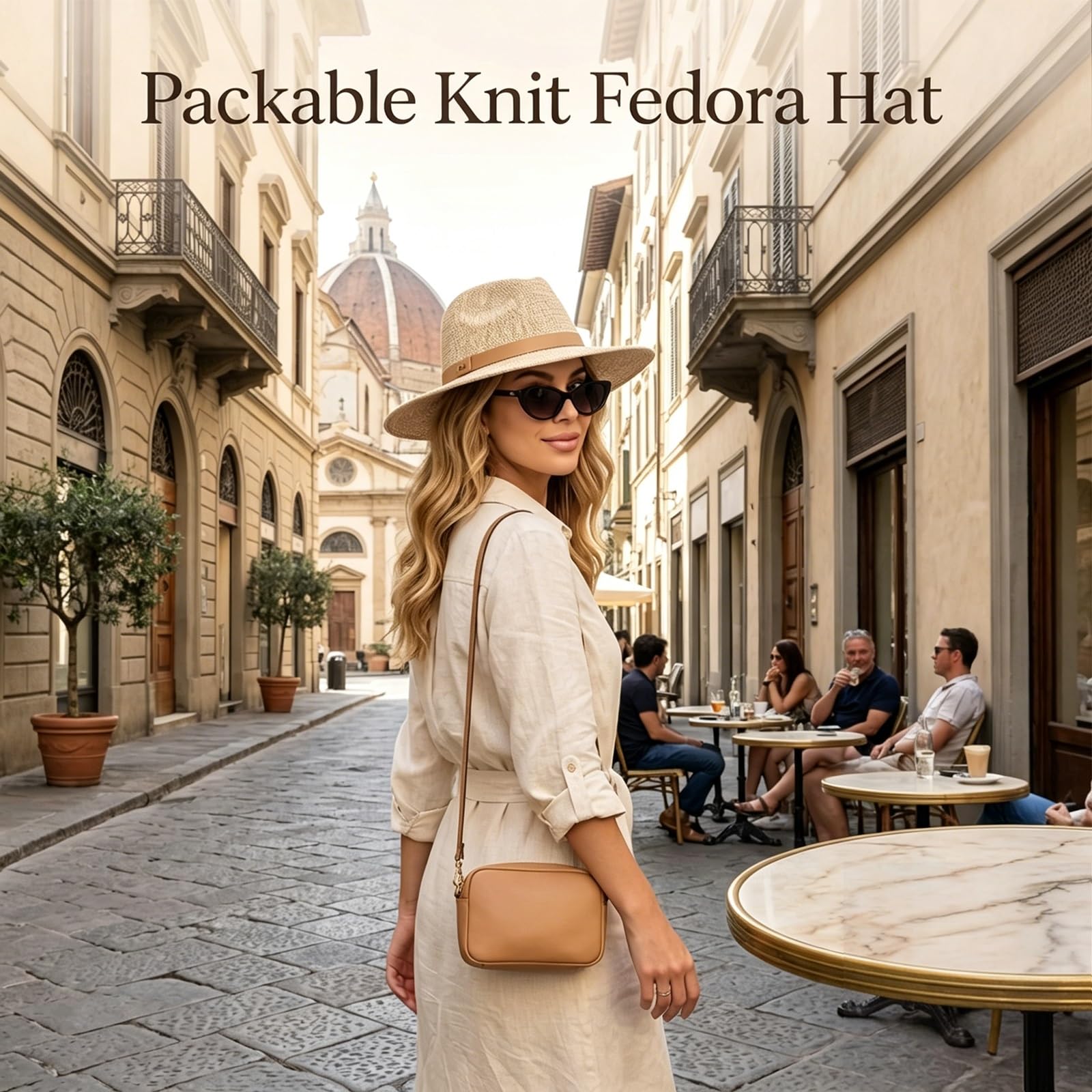 Cappello Fedora in Maglia per Donna, Cappello da Sole Pieghevole e Morbido, Leggero e Traspirante per Spiaggia, Vacanze, Viaggi, Escursionismo