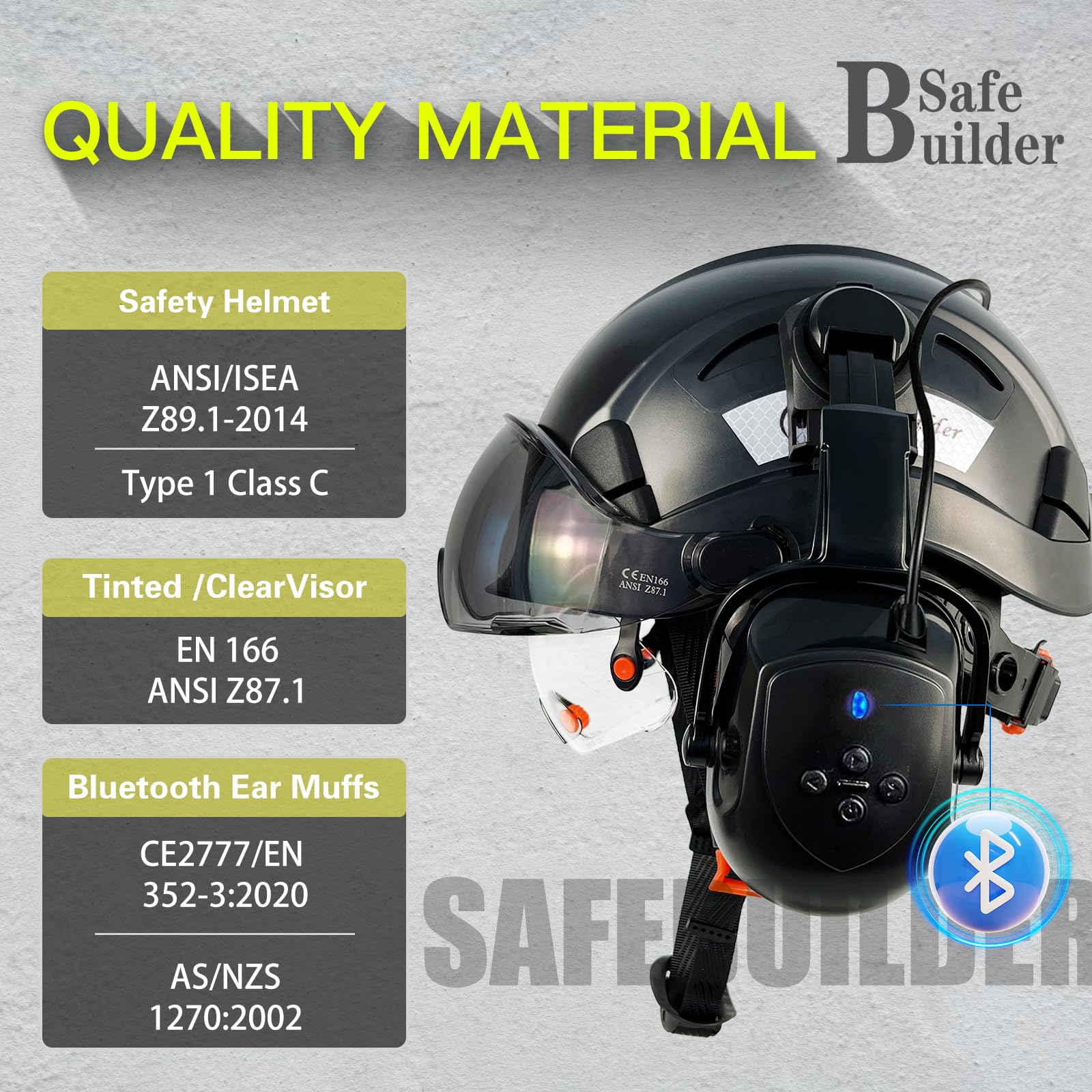 SAFEBUILDER Casco de seguridad con visera Bluetooth SNR 26dB casco duro con viseras montadas, orejeras ventiladas ANSI Z89.1