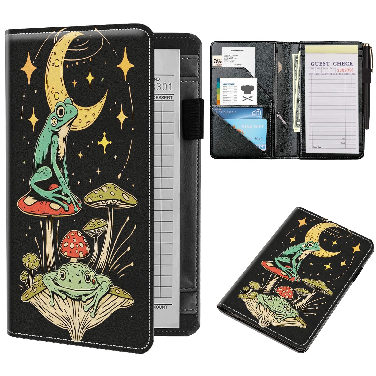 NLZQTTBD Server Books for Waitress Cute Waitress Book PU Leather Server Book with Zipper Wallet Black Serving Book Organizer Fit Server Apron,Frog Moon Mushroom