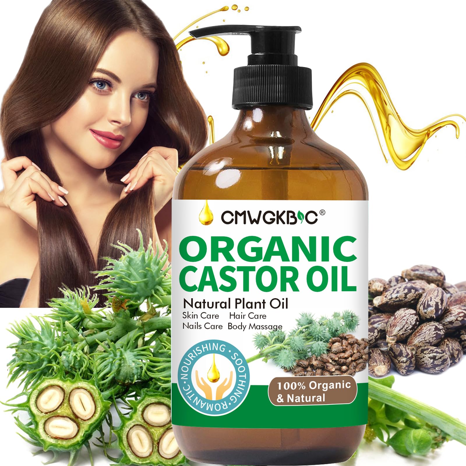 Castor Oil,Organic Castor Oil,Cold Pressed Castor Oil Hair Growth Natural,Castor Oil for Face,Castor Oil for Eyelashes,Skin,Nails,Stimulate Growth for Hair,Lashes,Brows,Massage Oil for Massage Therapy