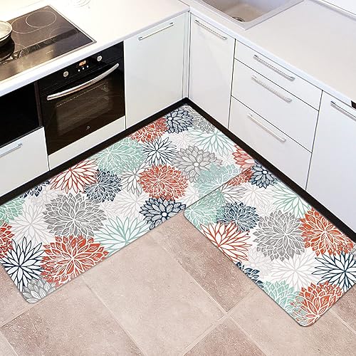 Miniatura 1 de RosieLily Juego de 2 tapetes y tapetes de cocina de girasol, antifatiga, impermeables, de piel de PVC, antideslizantes, tapetes de cocina para el