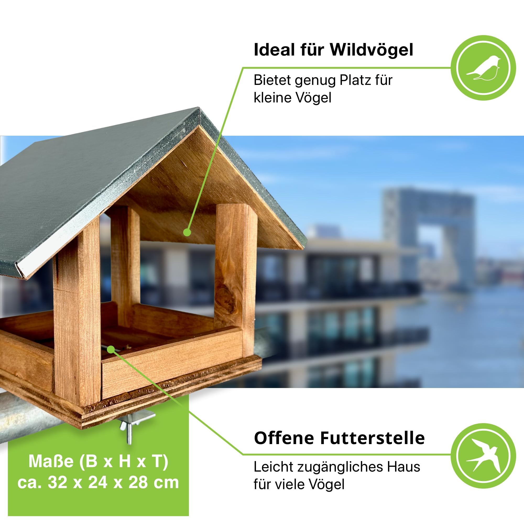 GARTENETAGE Vogelhaus mit Metalldach und Balkonhalterung – wetterfestes Futterhaus aus Kiefernholz für Wildvögel, Meisen, Rotkehlchen & Spatzen – robuste Vogelstation für Balkon & Terrasse