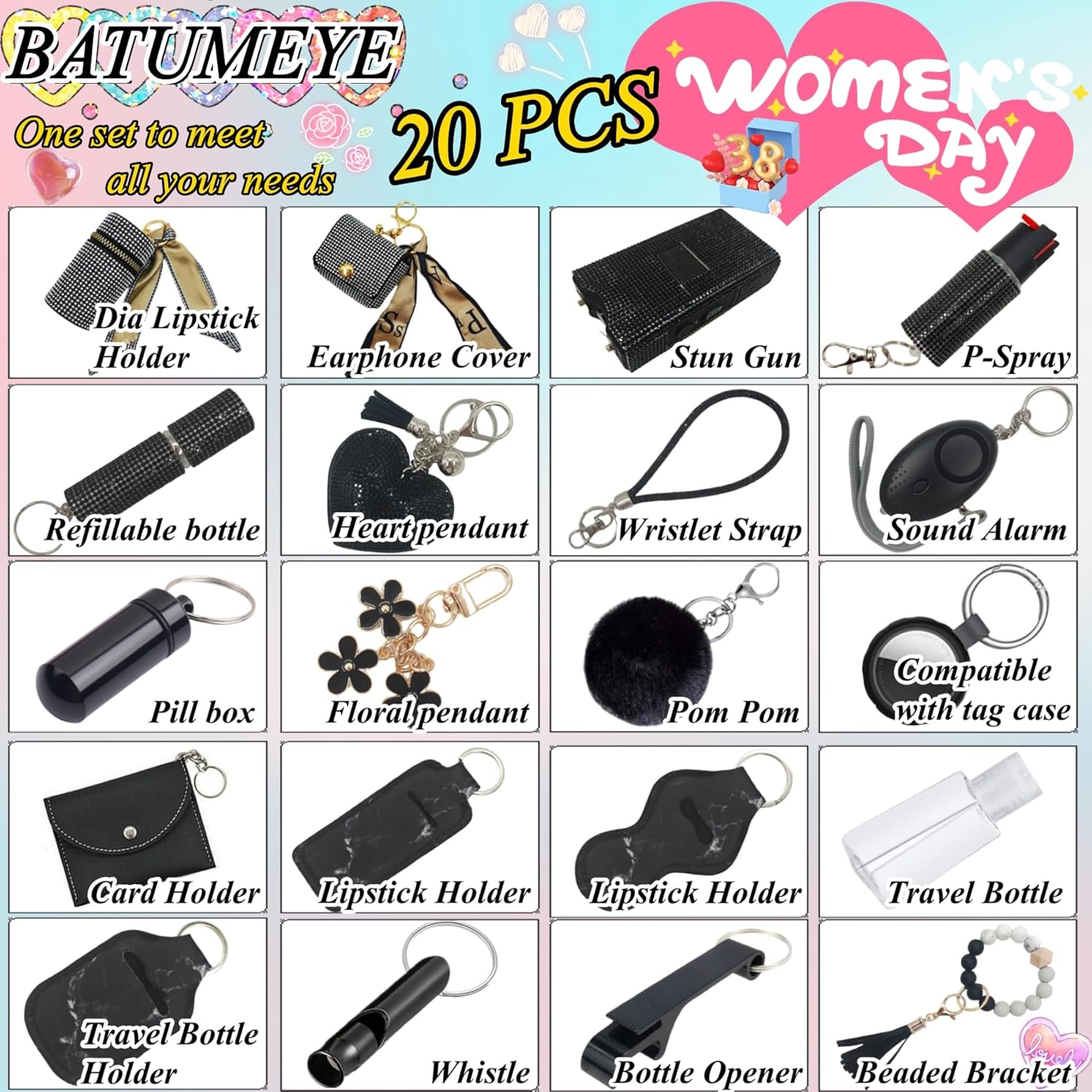 BATUMEYE Keychain Set for Woman Gift with Whistle Bottle Opener Card Holder Wristlet Strap Travel Bottle Holder - Image 3