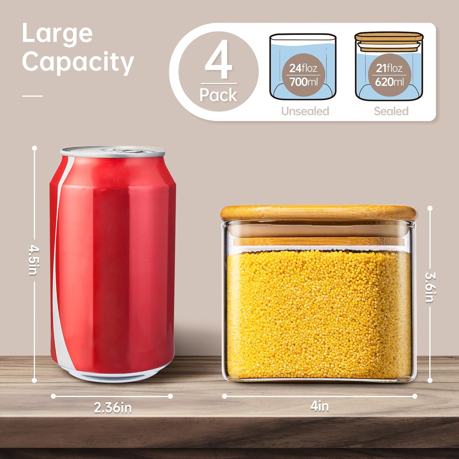 21oz - 4 Pack Square Glass Jars with Bamboo Lids, Glass Food Storage Containers with Airtight Lids, Air Tight Pantry Storage Containers for Coffee, Sugar, Spice, Meal Prep Jars for Salad & Fruit - Image 2