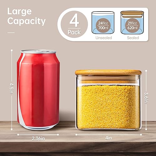 Miniatura 2 de Paquete de 4 tarros cuadrados de vidrio de 21 onzas con tapas de bambú, recipientes de almacenamiento de alimentos de vidrio con tapas herméticas,