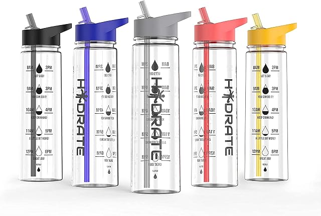 HYDRATE Motivational premium 900ml Straw Water Bottle  Daily water intake with Time Markings as reminder, BPA-Free. Leak proof Ideal for hydration at office, gym. (Grey)