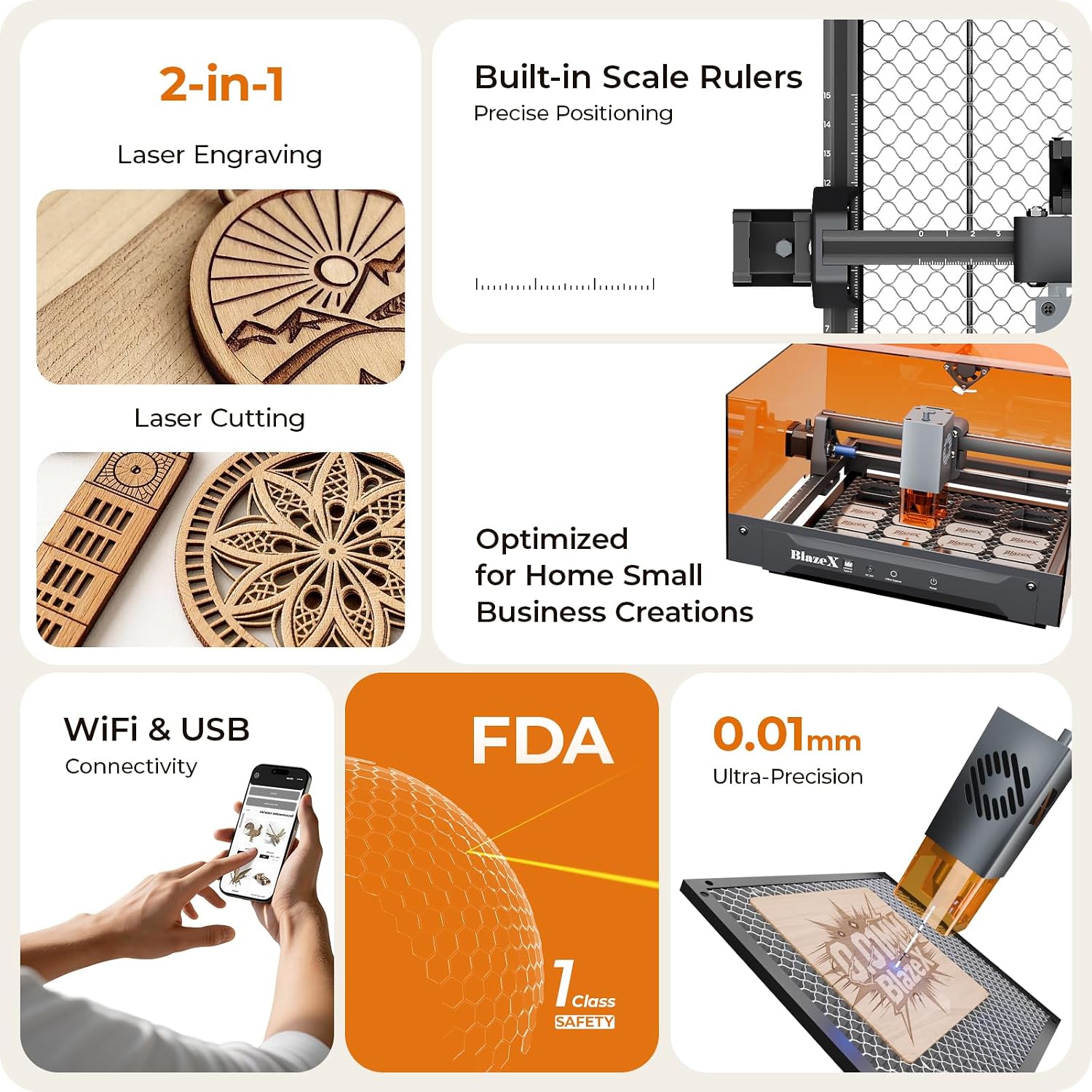 BlazeX M3 10W Laser Engraver Machine, 0.01mm Ultra-precision Laser Cutter and Engraver Machine for Wood Metal Glass Leather, Beginner-Friendly, with Enclosure Honeycomb Engraving Materials, Class 1