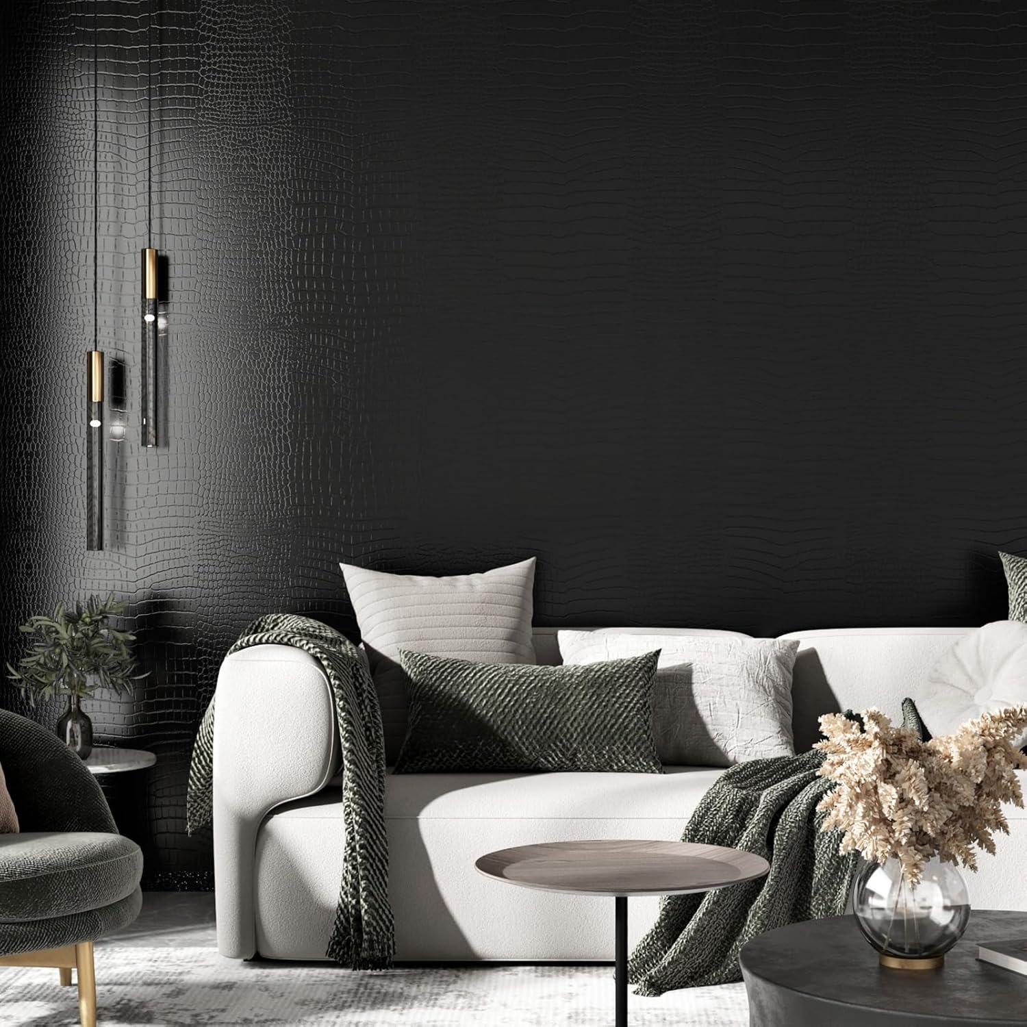 Black Crocodile Peel and Stick Wallpaper Self Adhesive Faux Crocodile Contact Paper for Cabinets Modern Alligator Textured Wallpaper for Bedroom Bathroom Waterproof Vinyl Wraps 15.8" x 118"