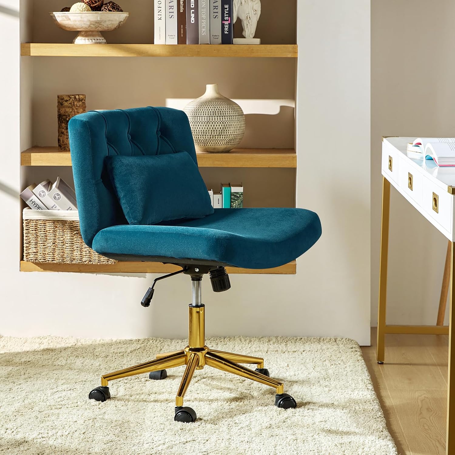 HULALA HOME Criss Cross Chair with Wheels, Criss Cross Legged Wide Seat Desk Chair, Lumbar Pillow, Teal