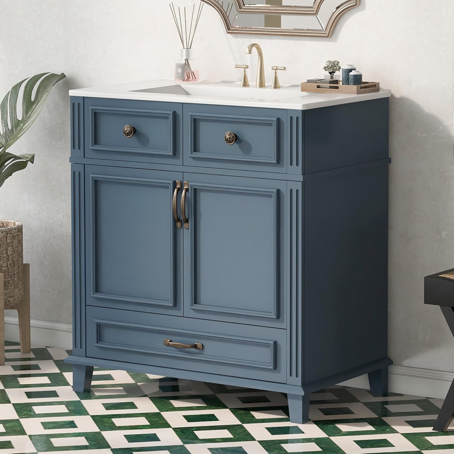 Bathroom Vanity with Ceramic Sink, 30'' Retro Storage Cabinet with Soft Closing Doors and Drawer, Elegant Wooden Freestanding Organizer with Metal Handles and Solid Wood Feet, Easy Assembly, Blue