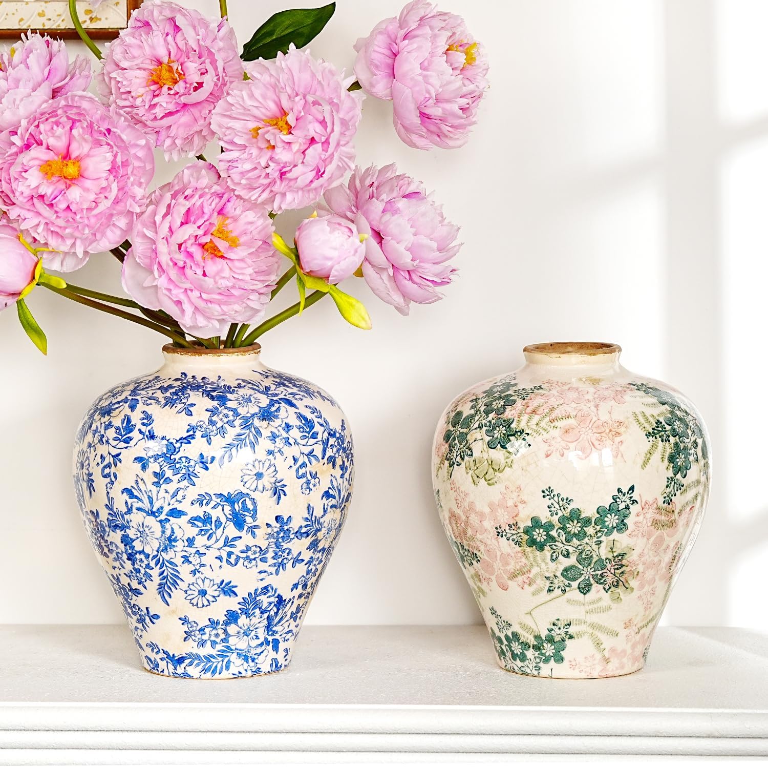 Sungmor Vintage Ceramic Flower Vase - 9.4 Inch Retro Ice Cracked Glaze Chinoiserie Vase, Rustic Farmhouse Home Décor Accent for Dried Flowers, Greenery - Table Centerpieces, Shelf, Mantel Decor - Image 7