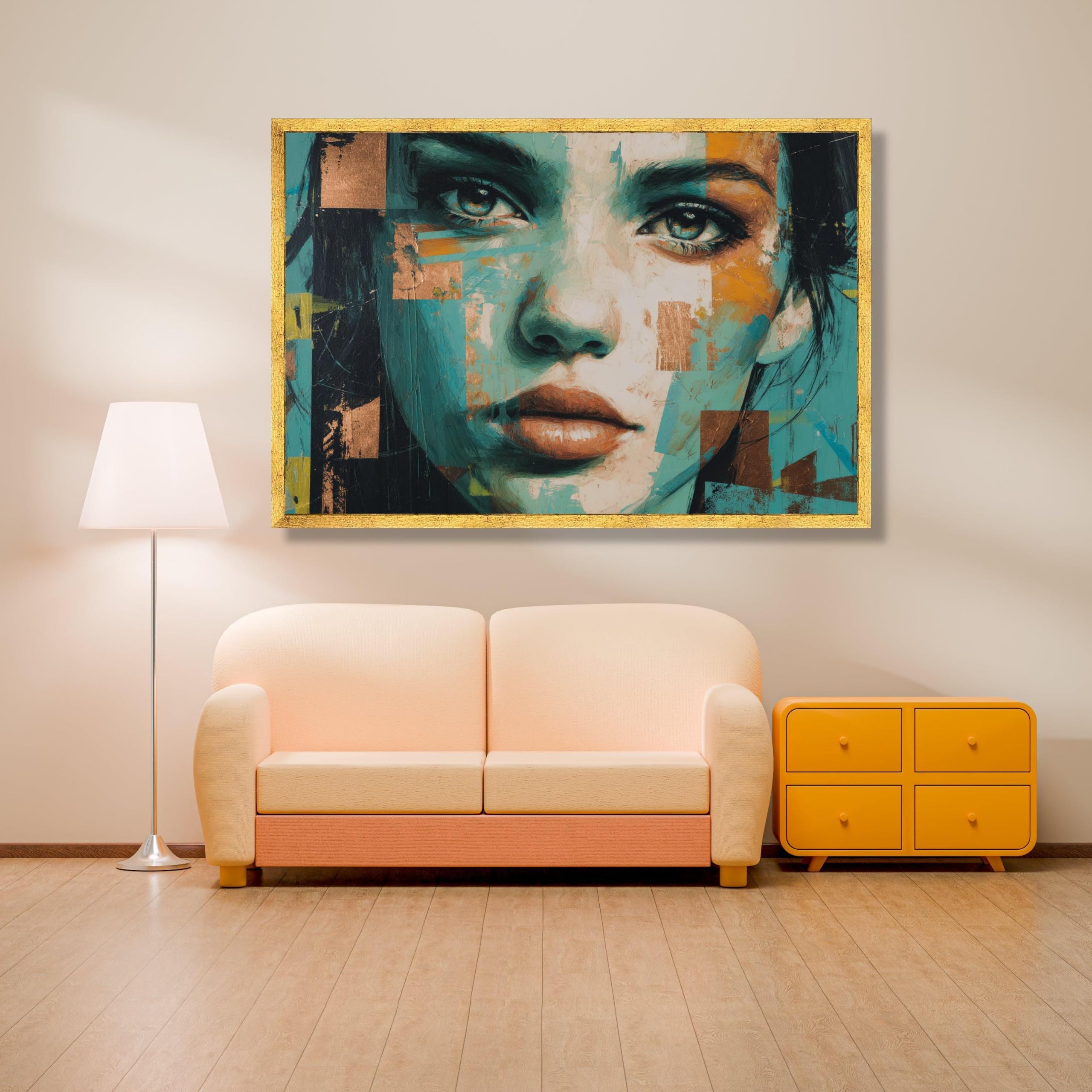 CAOXTART Abstraktes Frauenporträt, Ölgemälde, zeitgenössische Wandkunst, Farbdrucke mit Gesichtsmotiven, blaue und kupferfarbene Wohndekoration (40x60cm/Innenrahmen)