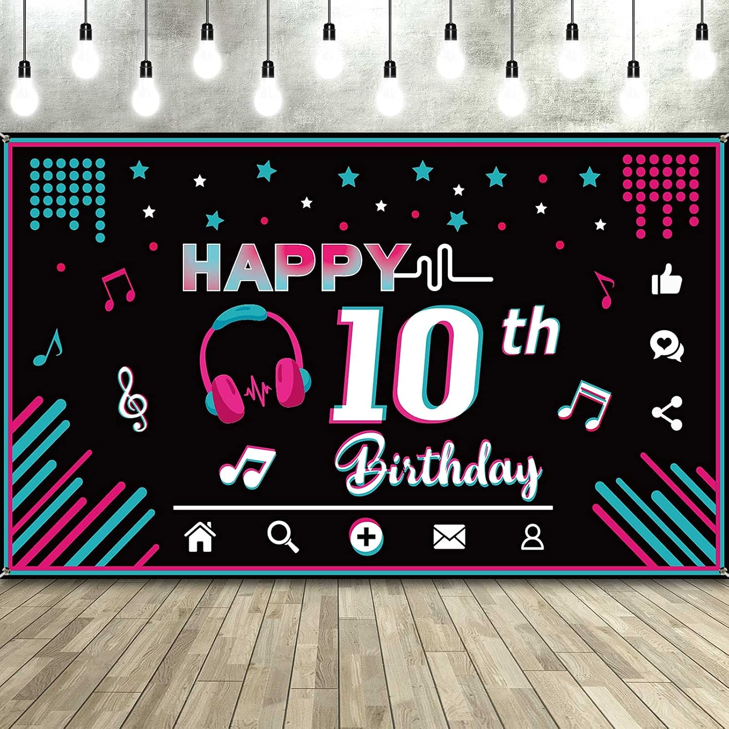 Music Happy 10th Birthday Backdrop Musical Social Media Birthday Party Supplies Music Party Banner Decorations Social Media Photography Background for Teens, 73 x 43 Inches