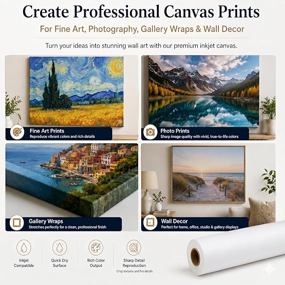 Matte Polyester Inkjet Canvas Roll for Wide Format Printers, Quick Dry Printable Canvas for Fine Art, Photography, Giclee, Wall Art Printing and Archival-Quality Prints.(290gsm 24x60')
