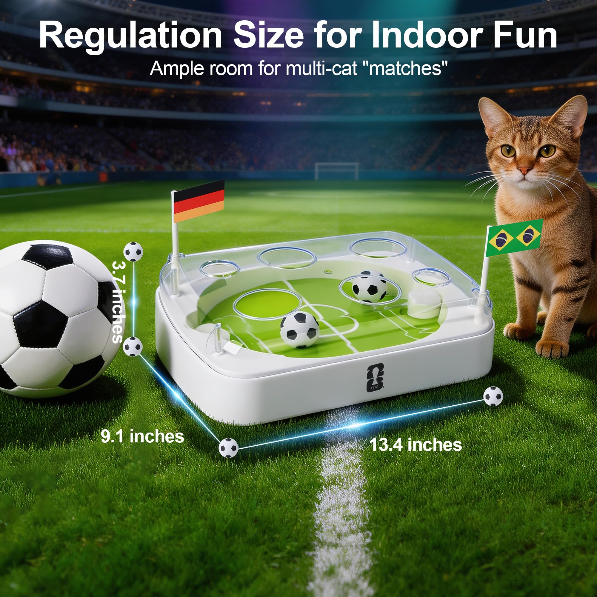 Offizielle FIFA WM 2026 Edition - Interaktives Katzenspielzeug mit Fußballfeld-Design, automatisches Katzenspielzeug mit bewegungsaktivierten Flip-Push-Bällen, anpassbare Team-Aufkleber, perfekt für