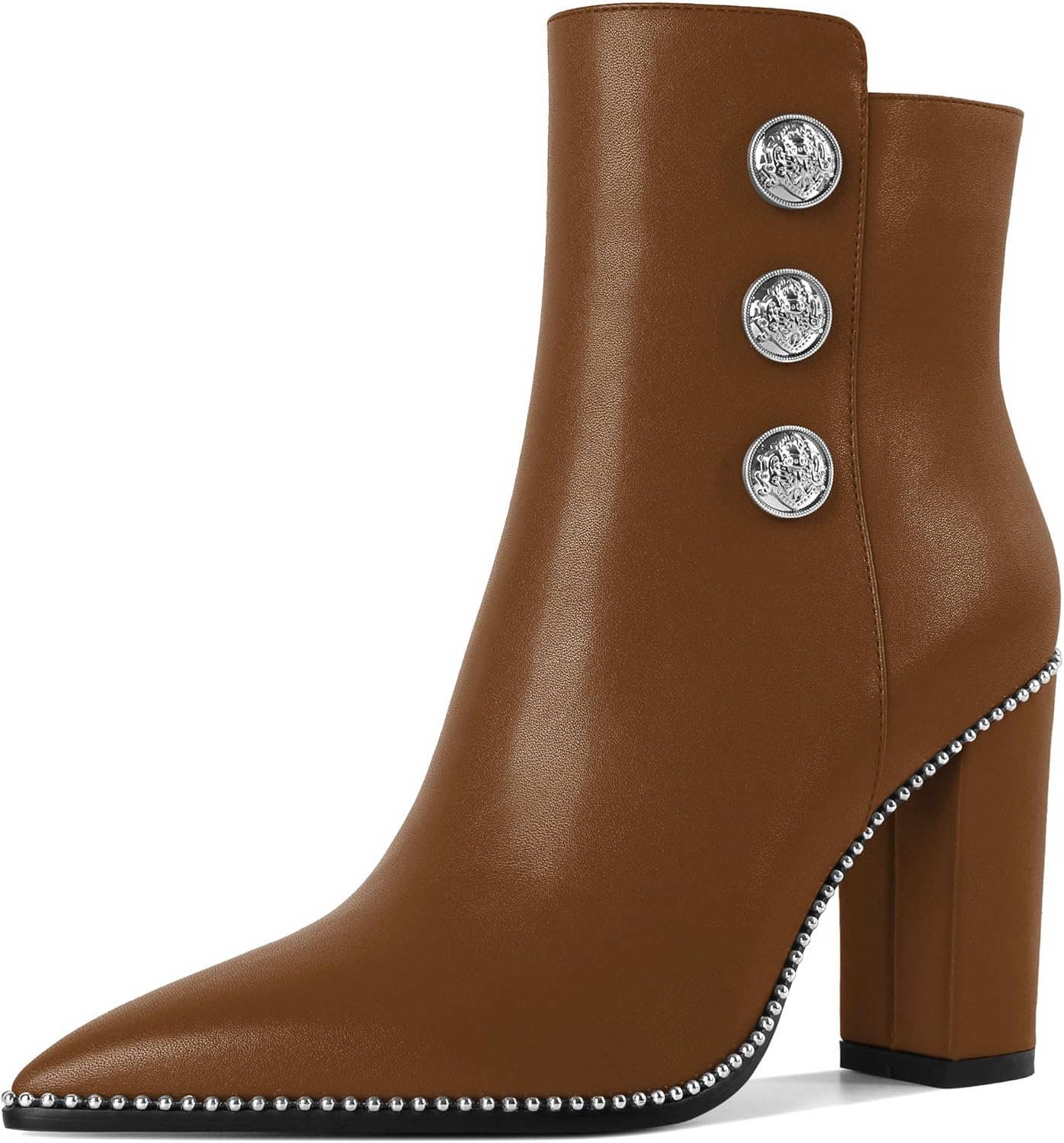 Joseywade Womens Ankle Booties 3.7 Inch Heel Chunky Boots Buttons Beaded Pointed Toe Side Zipper Boots Size 5-13