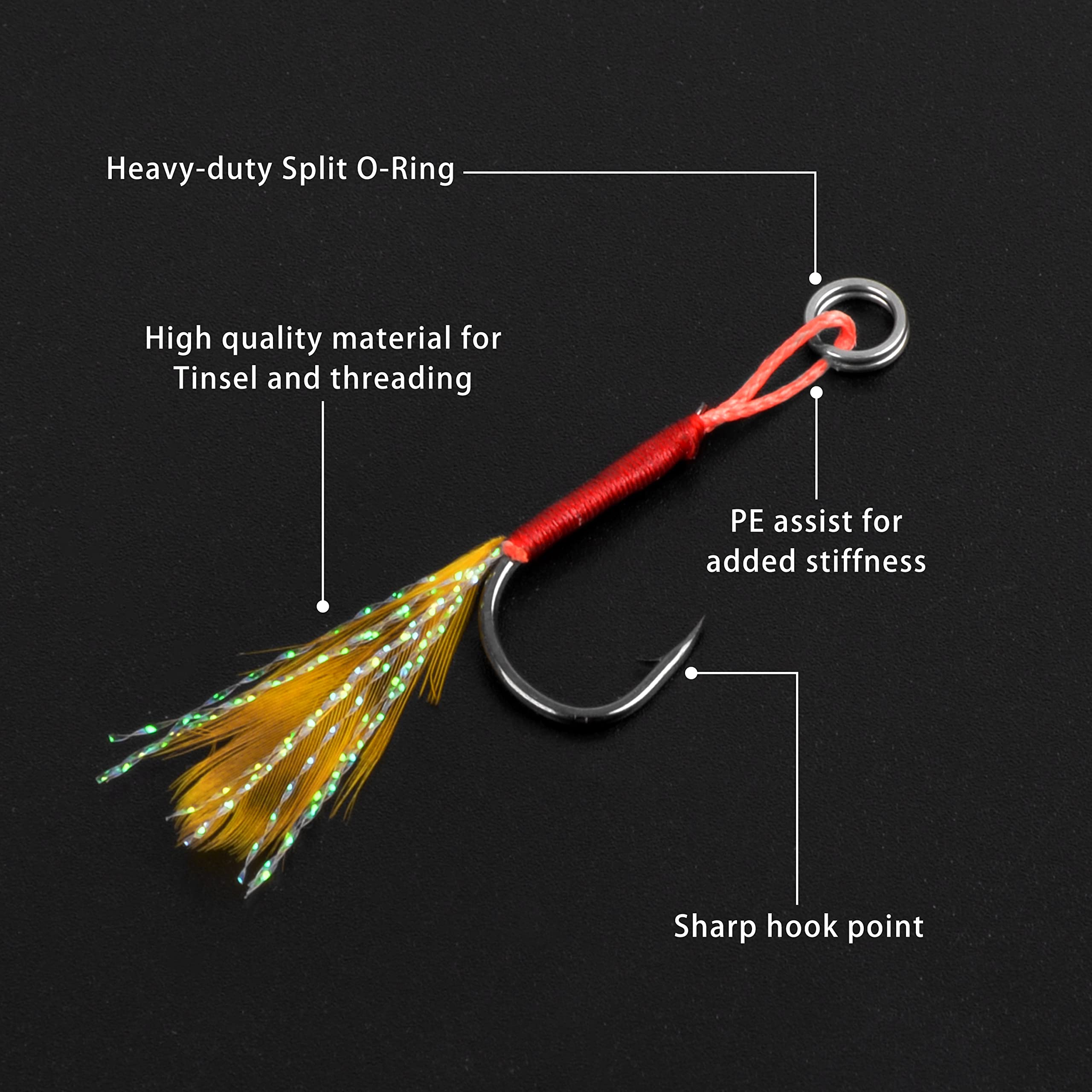 Assist Jig - Kit di Ami da Pesca, 50 Ganci Con Piume in Acciaio Ad Alto Tenore di Carbonio Affilati per Esche a Passo Lento, Set per Traina