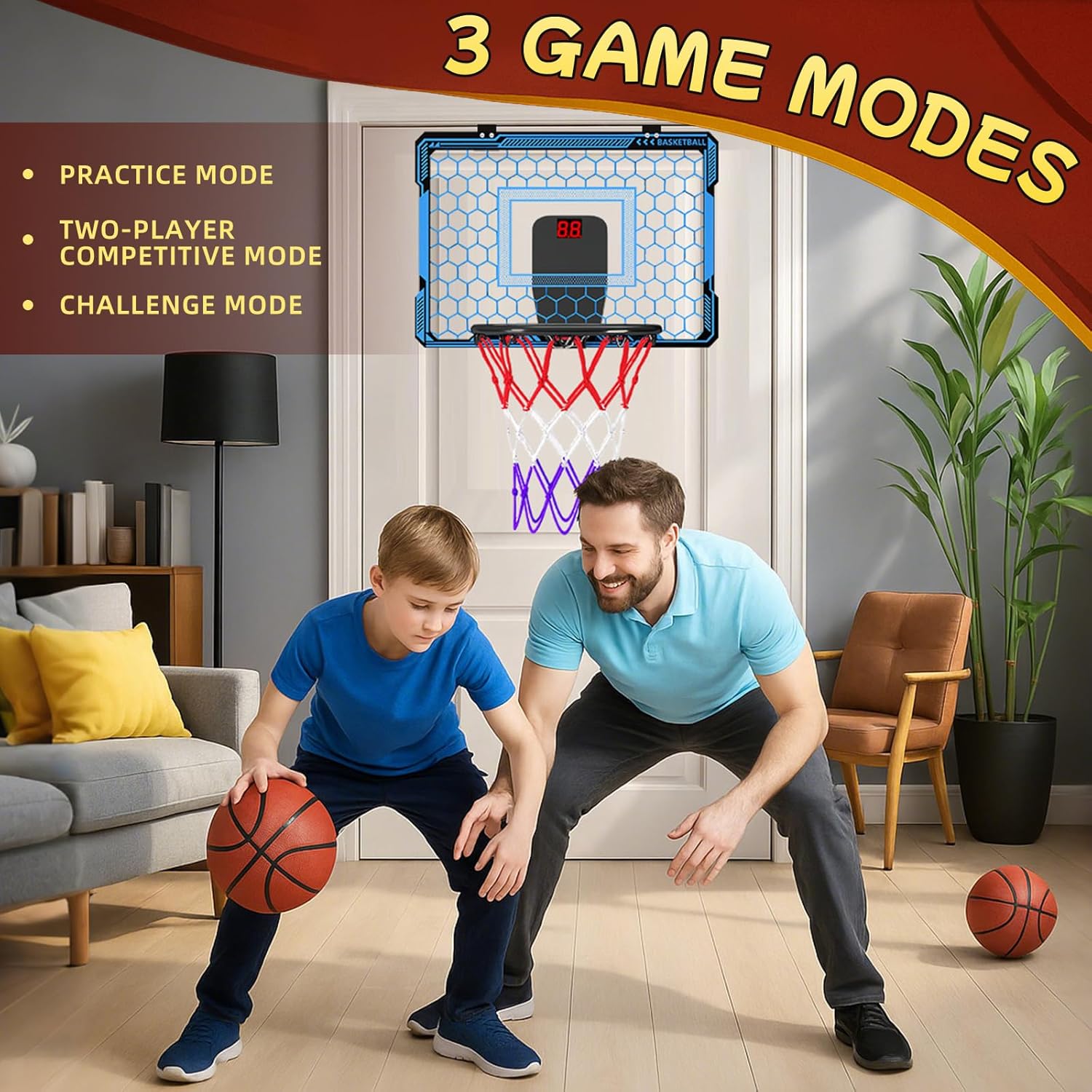 Molutsody Indoor Basketball Hoop for Kids - Over The Door Mini Basketball Hoop with LED Light & Scoreboard, Includes 3 Balls & Air Pump - Basketball Toys Gifts for 4-12 Year Old Boys Girls (Blue)