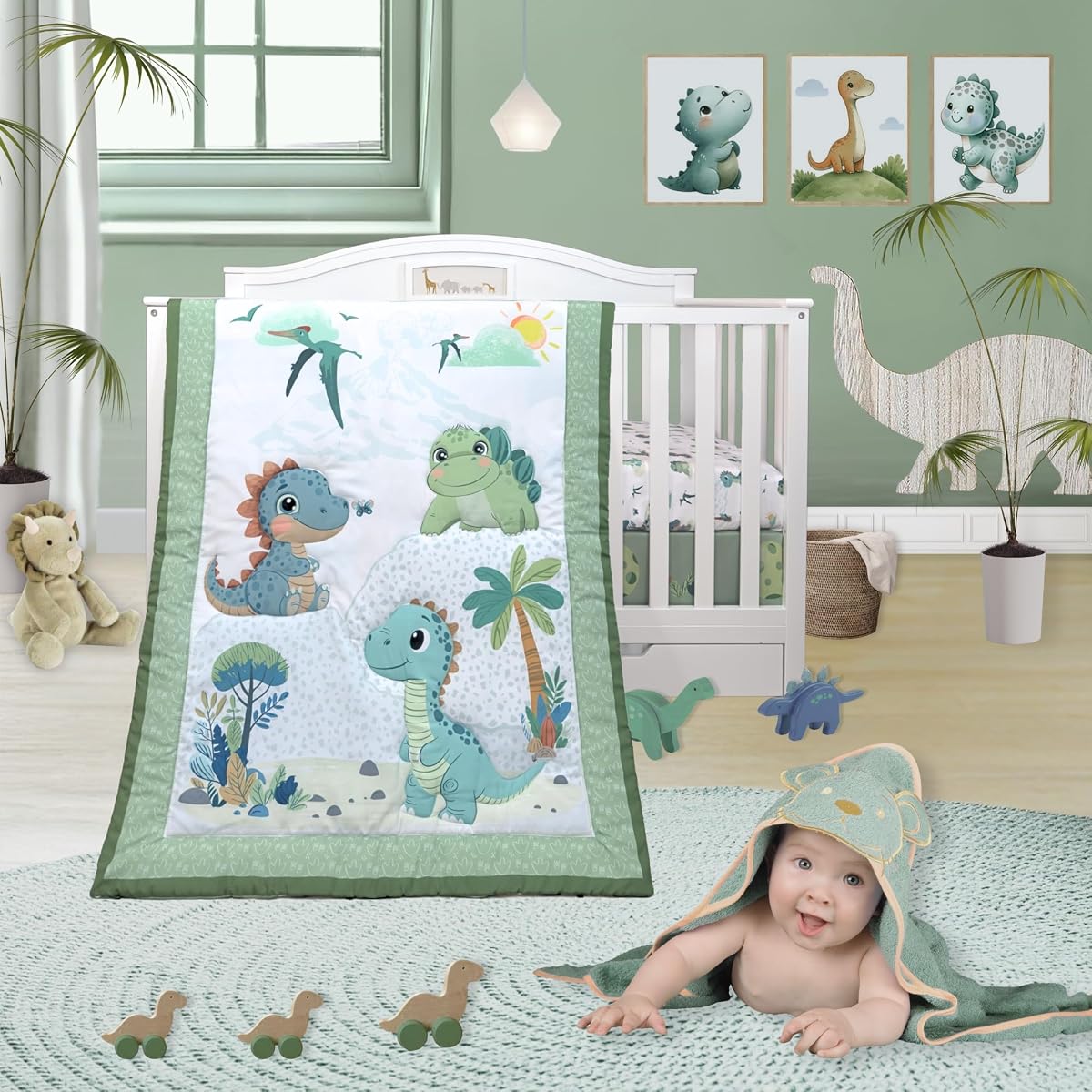 4 Piezas - Incluye Edredón, Sábana ajustable, Faldón de Cuna y Babero. Juego de ropa de cama unisex para cuna de dinosaurios para niños o niñas. Juego de edredón para cuna para decoración de recién nacidos y bebés. Ropa de cama para bebés.