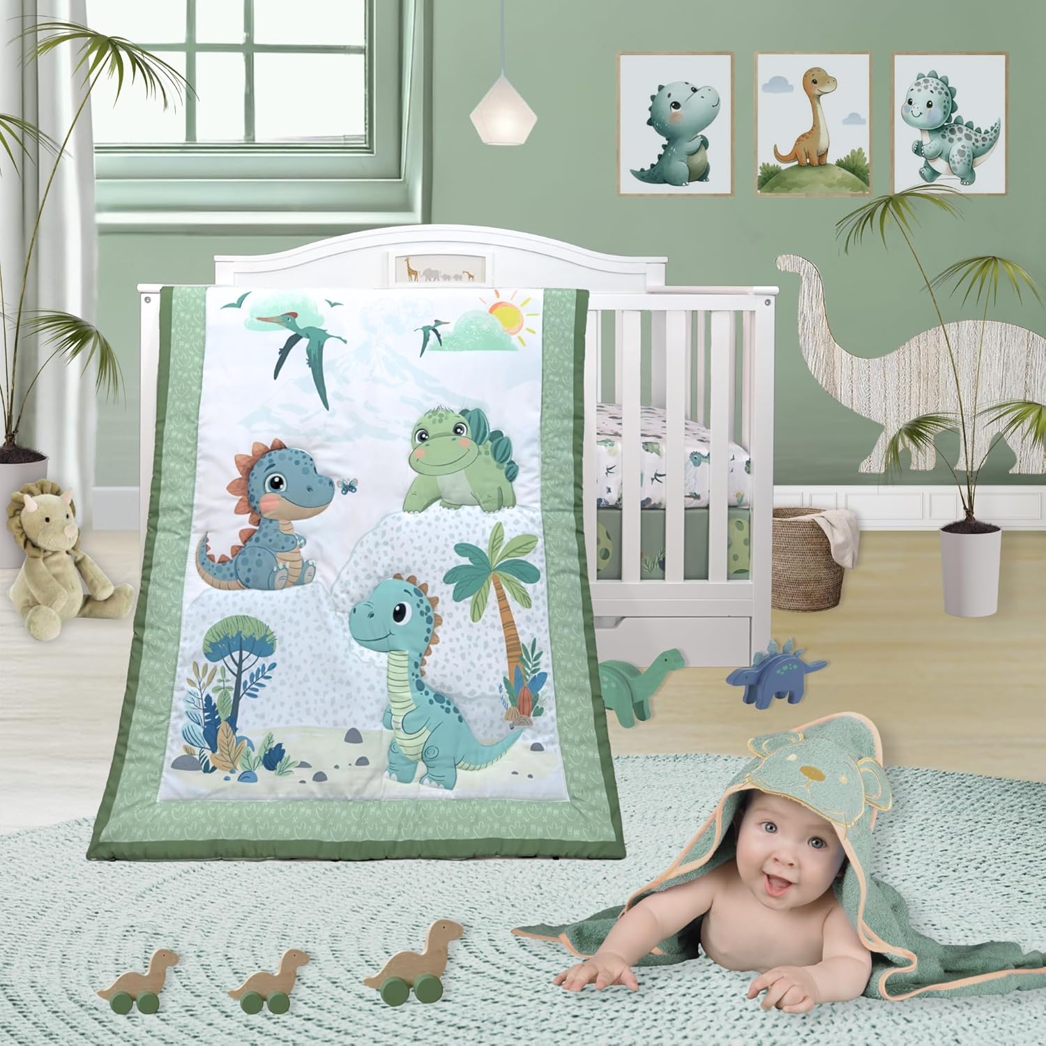 TrenD'lay 4 Piece Unisex Baby Dinosaurs Crib bedding set for Boys or Girls. Crib Comforter set for Newborn and Baby Nursery Decor. Baby Bedding set includes Comforter, Fitted sheet, Crib skirt and Bib