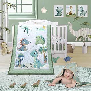 TrenD'Lay Unisex Baby Dinosaurs 4-Piece Crib Bedding Set: Comforter, Fitted Sheet, Skirt & Bib for Cozy Nursery Decor