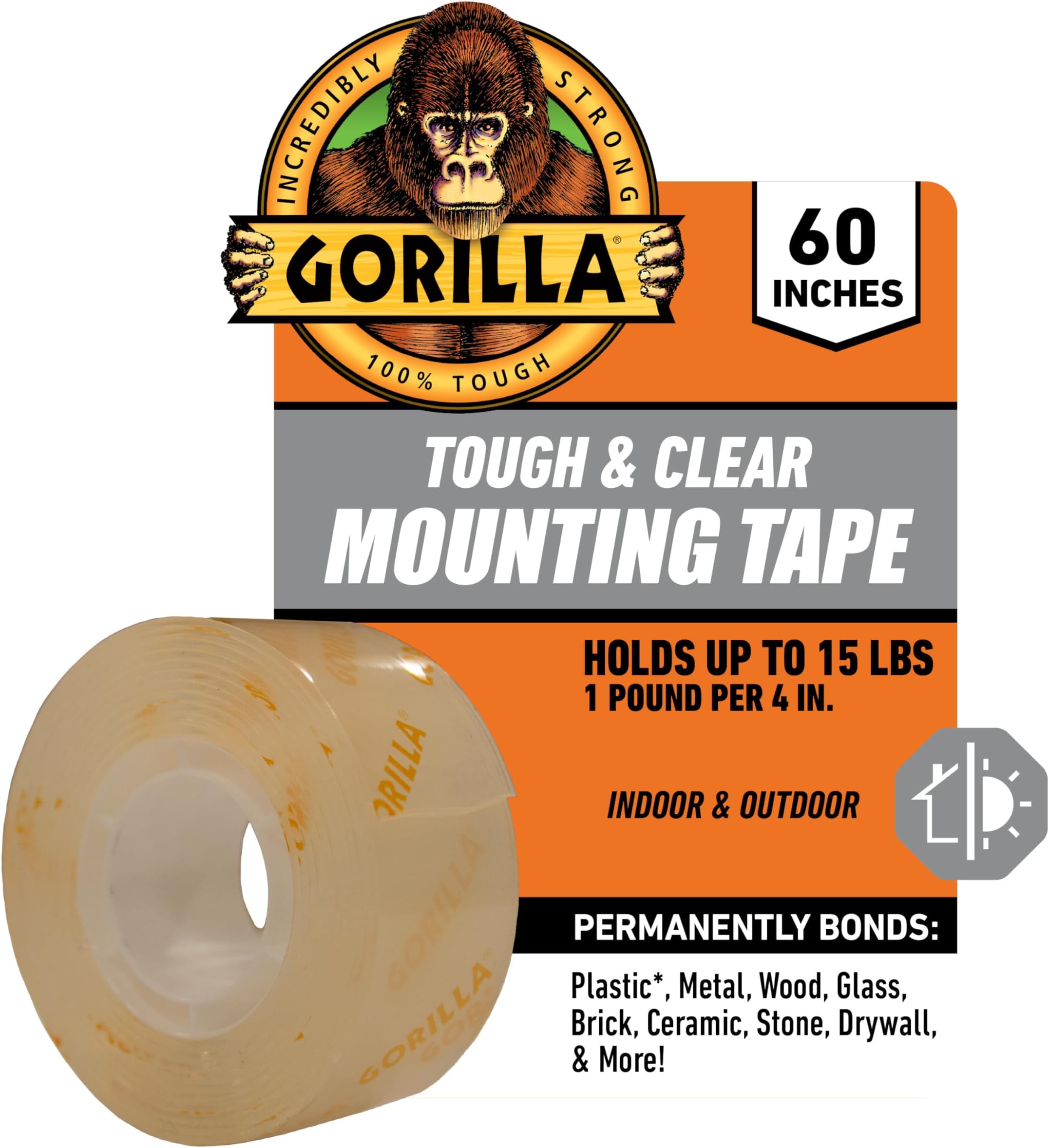 Gorilla Tough & Clear Double Sided Mounting Tape, Clear,1" X 60", (Pack Of 1),6065001
