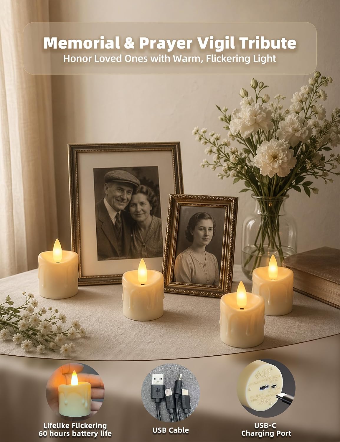 Rechargeable LED Flameless Tea Light Candles with Remote, 2/4/6/8H Timer, 9-Pack (USB-C Charging Cable Included) for Church, Memorial, Prayer, Remembrance, Vigil, Religious Services