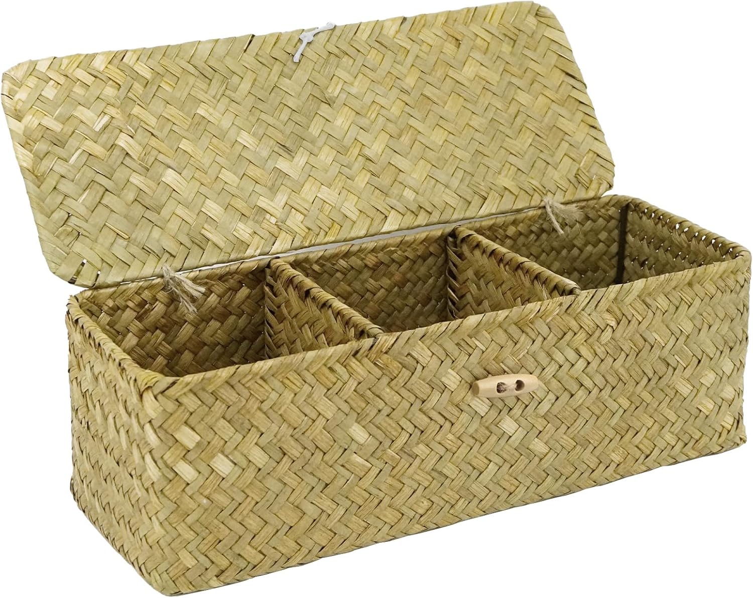 32.5 x 12 x 11 cm Natural Storage Basket Seagrass Basket Storage Braided Rectangular Basket Rattan Basket with Lid 3 Compartments Basket Storage for Bedroom Bathroom Original Colour