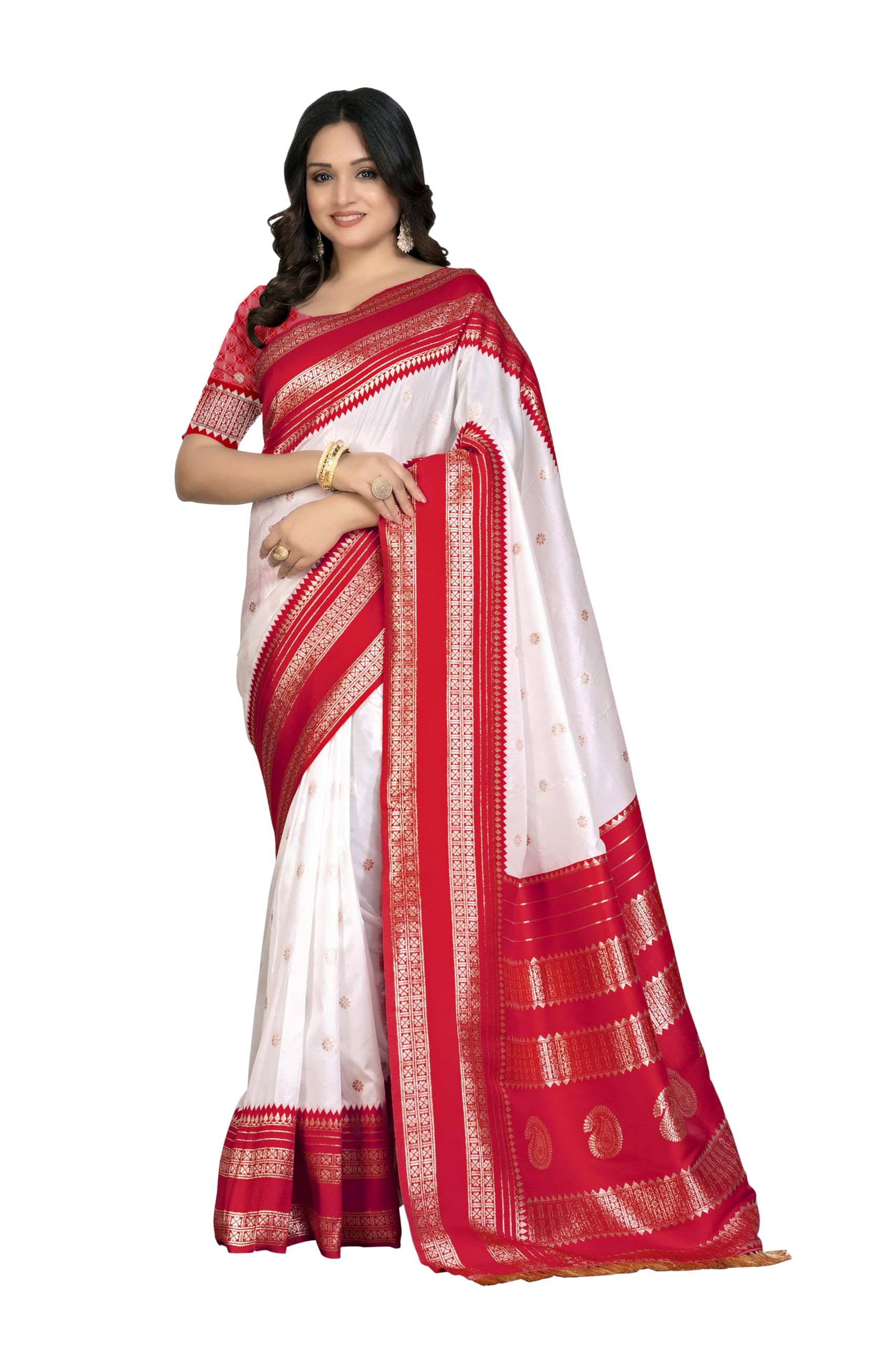 Women's Red and White Kanjeevaram Silk Saree with Blouse Piece-image-31
