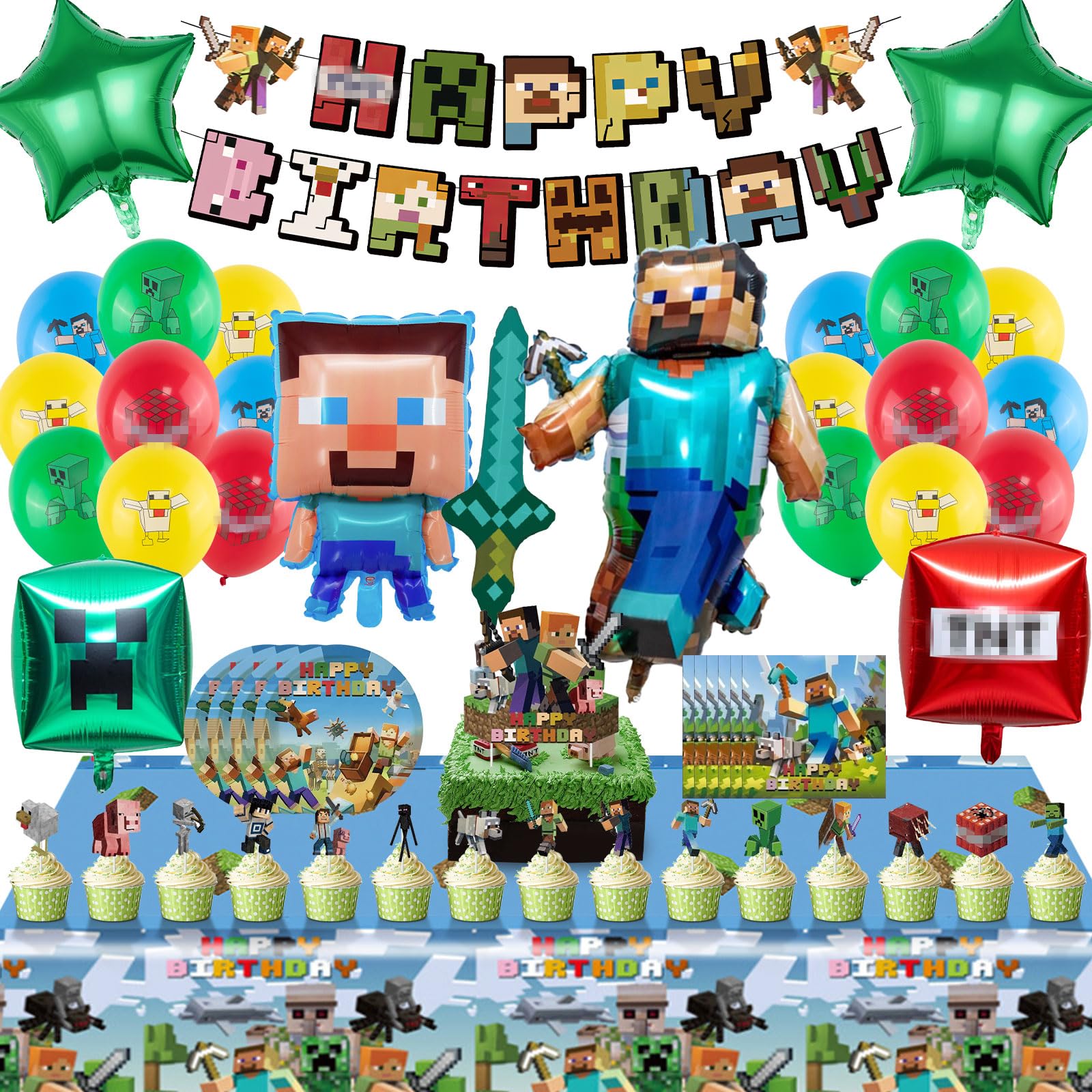 Hkyiowdp Geburtstagsdeko Kinder, 66 Pcs Geburtstag Deko, Geburtstag Luftballon, Banner, Partygeschirr mit Tischtuch, Tortendeko, Pappteller, Servietten, Party Deko für Jungen, Mädchen