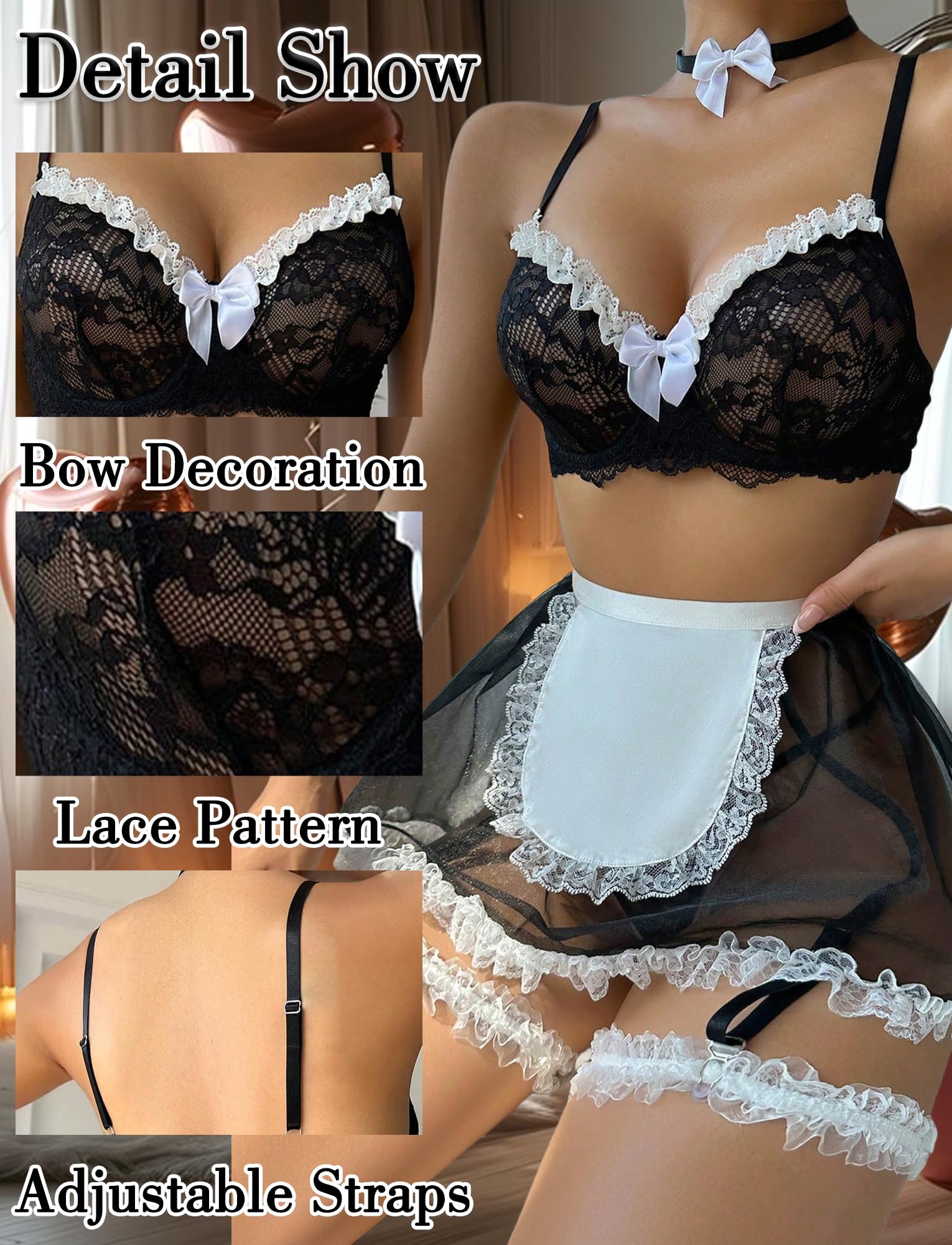 Aivtalk Women's 3 Piece Maid Lace Colorblock Underwire Costume Lingerie Set