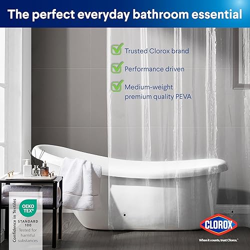 Miniatura 9 de CLOROX Forro de cortina de ducha, de peso medio, duradero, impermeable, 0.22 oz de PEVA para baño con imanes pesados, tamaño estándar 72 x 72