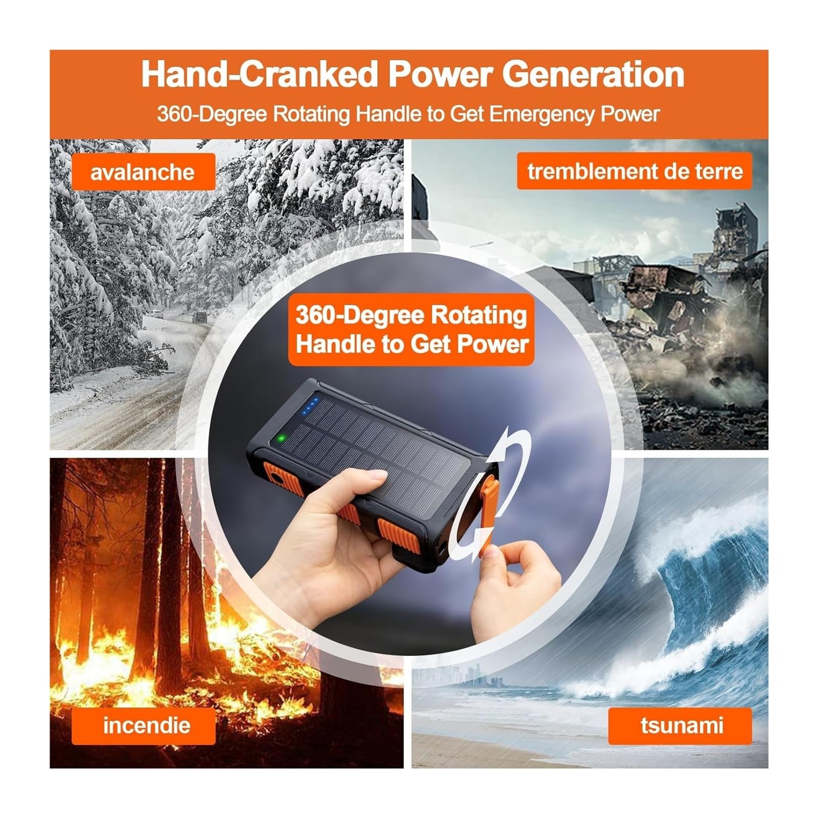20000mAh Solar Power Bank senza fili con manovelle e 4 cavi, caricabatterie solare USB-C a carica rapida 7 uscite 4 entrate telefoniche, batteria esterna impermeabile per campeggi ed esterni