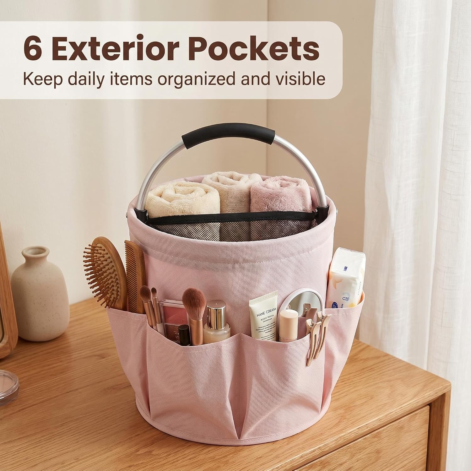 Pink Cleaning Caddy with Handle & Drawstring Top, 17L Foldable | Waterproof 600D Oxford Utility Caddy with 6 Pockets, Collapsible Cleaning Basket for Home, Garden, Dorm, Shower, Bathroom