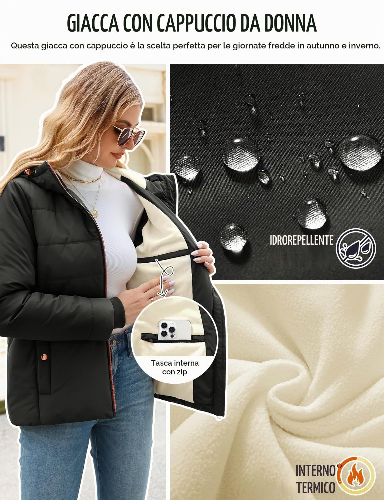 Giacca da Donna Invernale Mezza Stagione Cappuccio con Cappuccio Elegante Giacca Giubbino Imbottito Autunno Invernali Giubbotto Caldo Parka Casual Outwear con Tasche