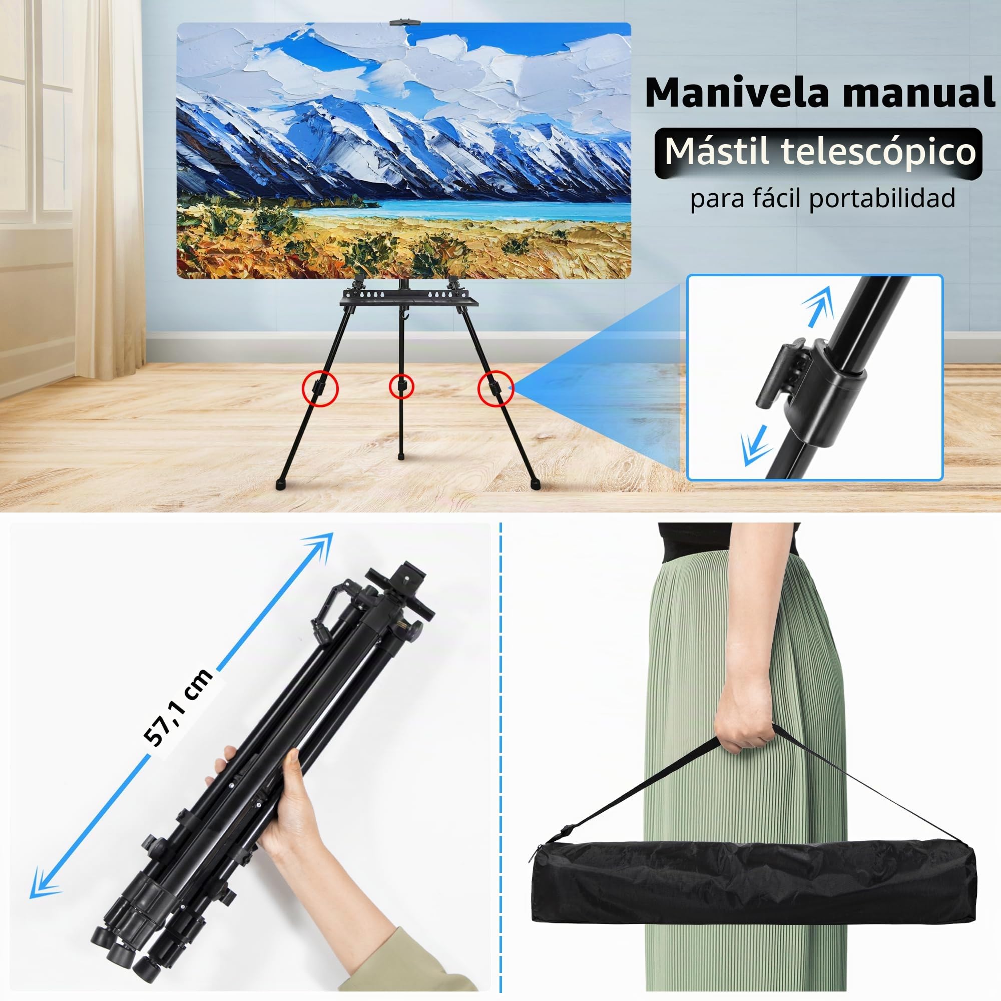 Caballete de arte para pintar, ajustable de 50 a 152 cm, trípode plegable, caballete de exhibición con bolsa, barril, prón, mesa y pintura de suelo, dibujo artístico (negro)