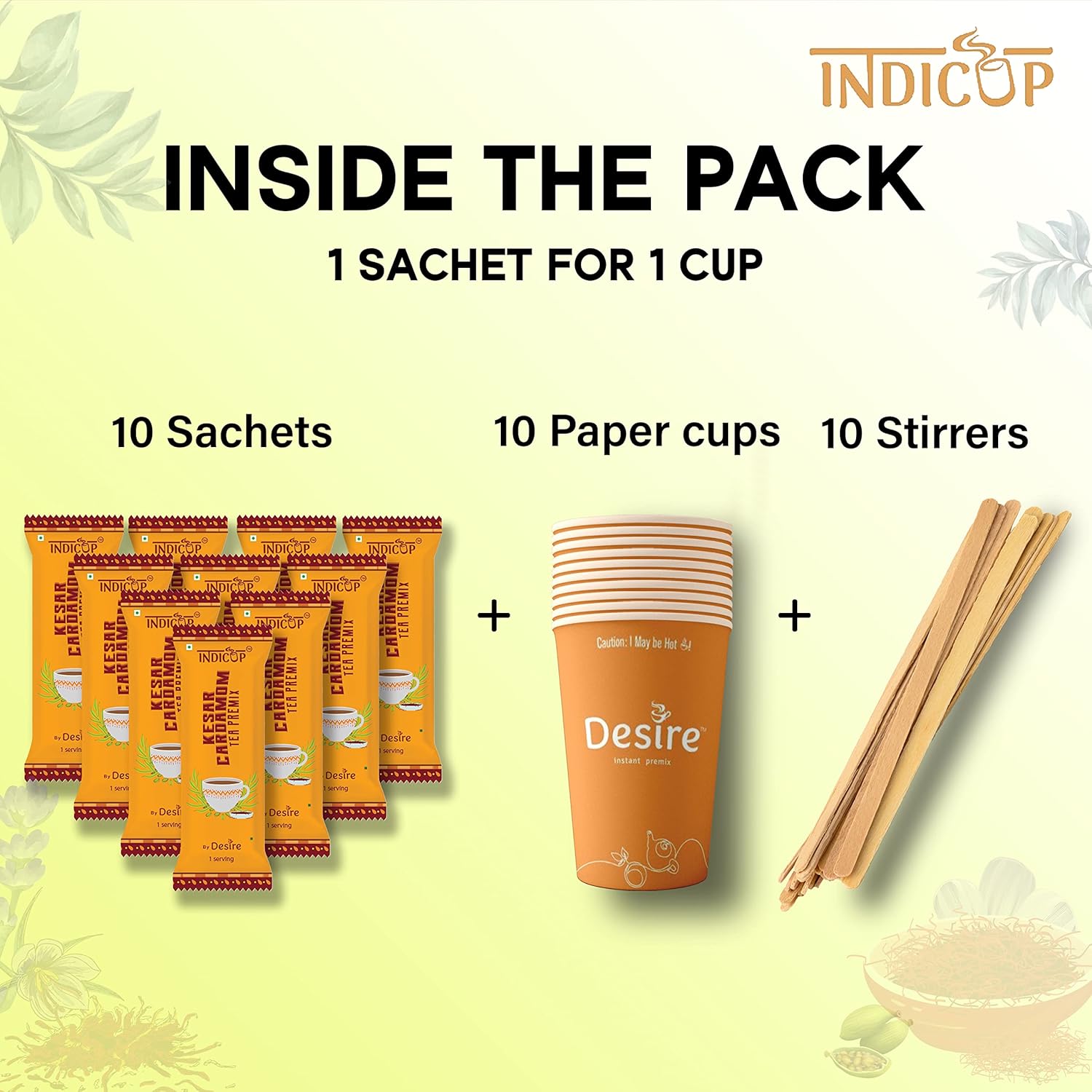 INDICUP Kesar Cardamom Tea Instant Premix, 20 Sachets (280Gms) Mix, Refreshing Taste 1 Count (Pack 2)