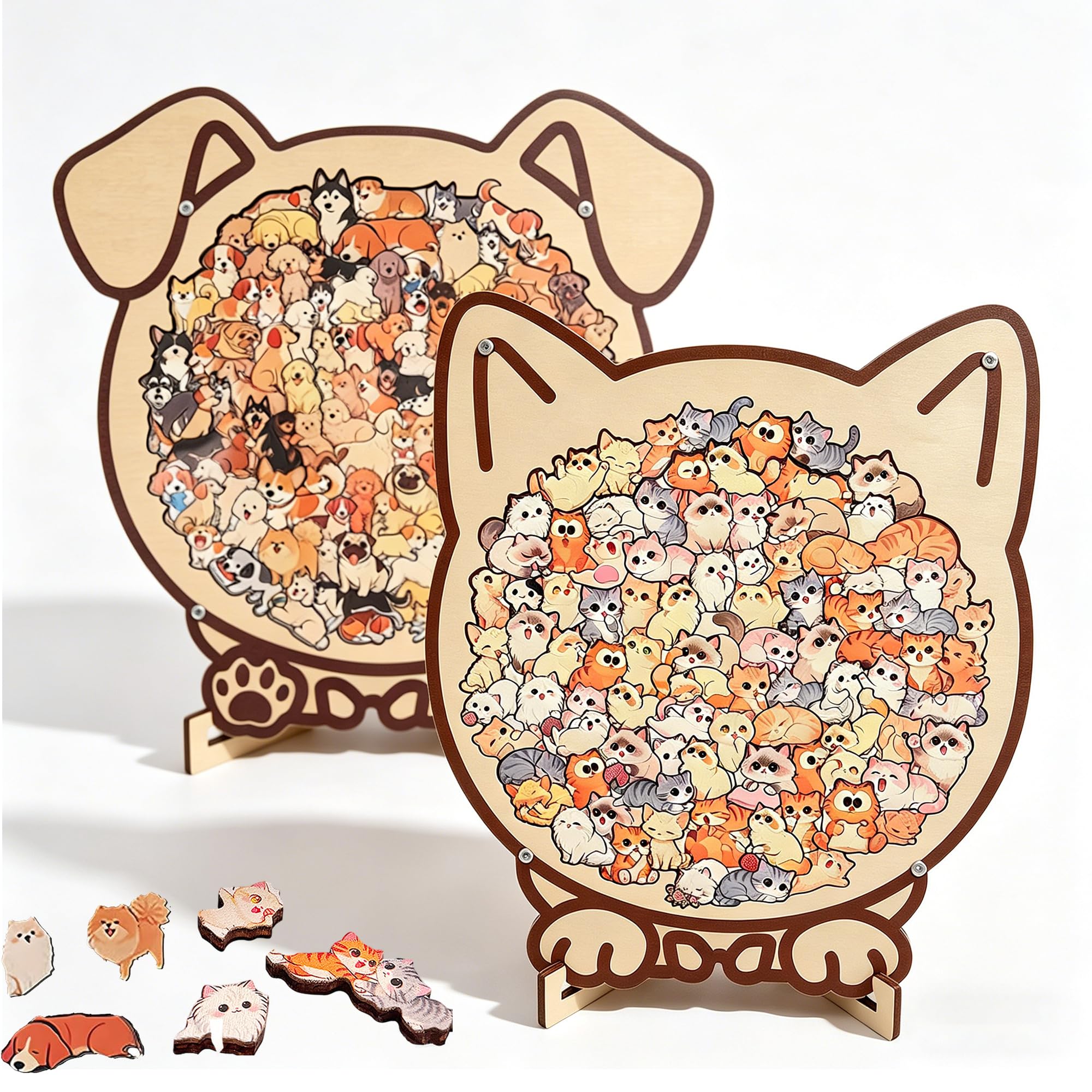 189 Pcs Cat Shaped Wooden Jigsaw Puzzle - Cute Animal Puzzles with Frame, Creative Gift for Puppy Lovers, Mindful Activity & Home Decor (cat & puppy)