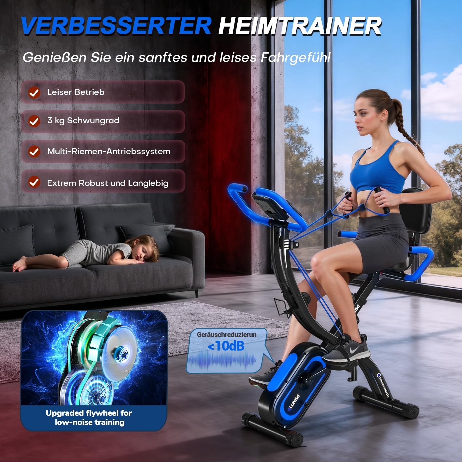 Heimtrainer Fahrrad mit App, Neu Hometrainer Fahrrad mit stabilem Doppeldreieckrahmen, Klappbar Ergometer Heimtrainer mit 10dB extra Leise, Indoor Bike für Kardio-Training zu Hause, Bis 160KG