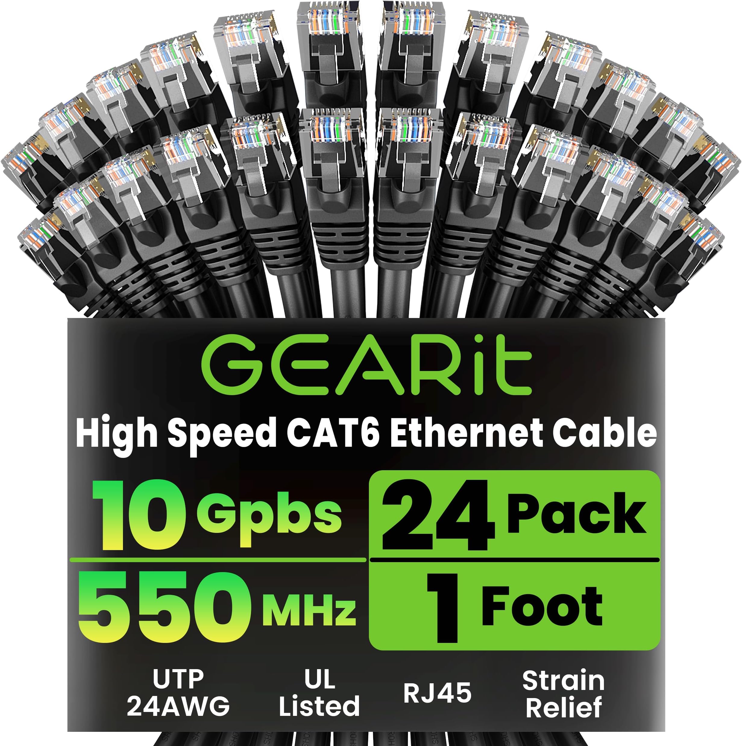 - Cat 6 Ethernet Patch Cables 1 ft Black (Cat 6 Ethernet Cables 1 ft 24-Pack), CAT6 High Speed 24AWG 10Gbps RJ45 Snagless Gold-Plated, Ethernet Cable for Router, Switch, PC, PS5 Gaming, Server