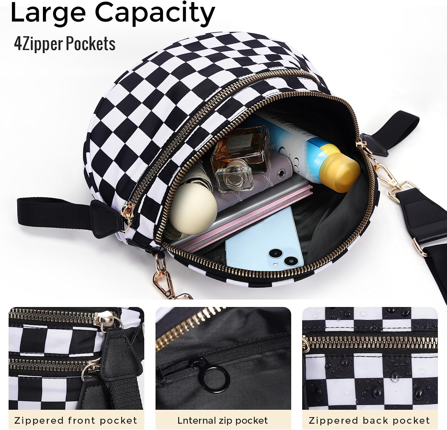 Checkerboard Crossbody Bag for Women, Expandable Plaid Belt Bag Nylon Fanny Pack with Multiple Pockets