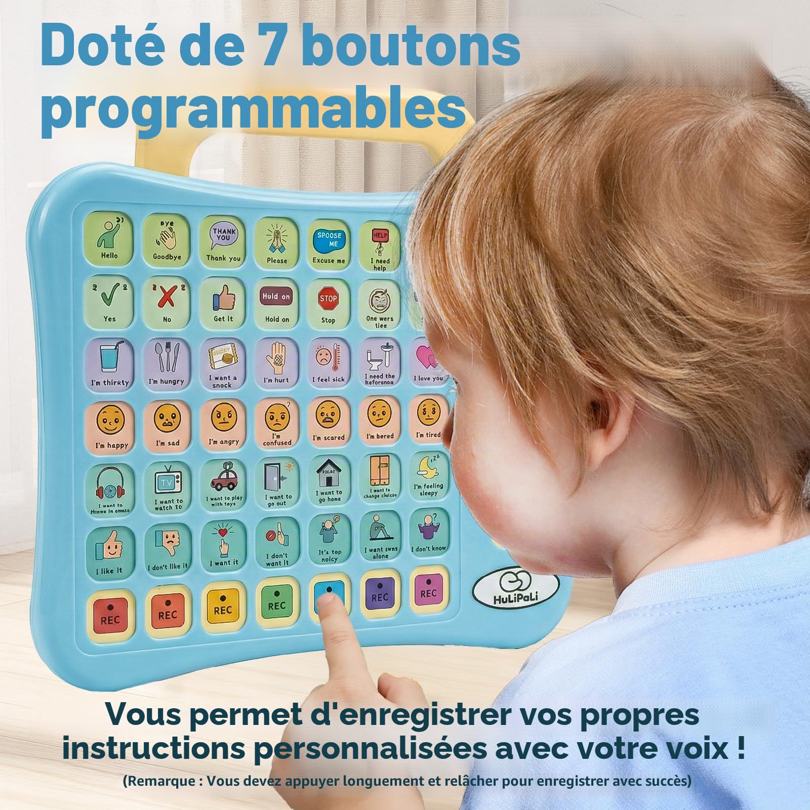Appareil AAC pour autisme, tablette de communication avec 52 boutons à code couleur, support de poignée pliable, interrupteur vocal pour garçon/fille, 7 boutons d'enregistrement pour enfants non